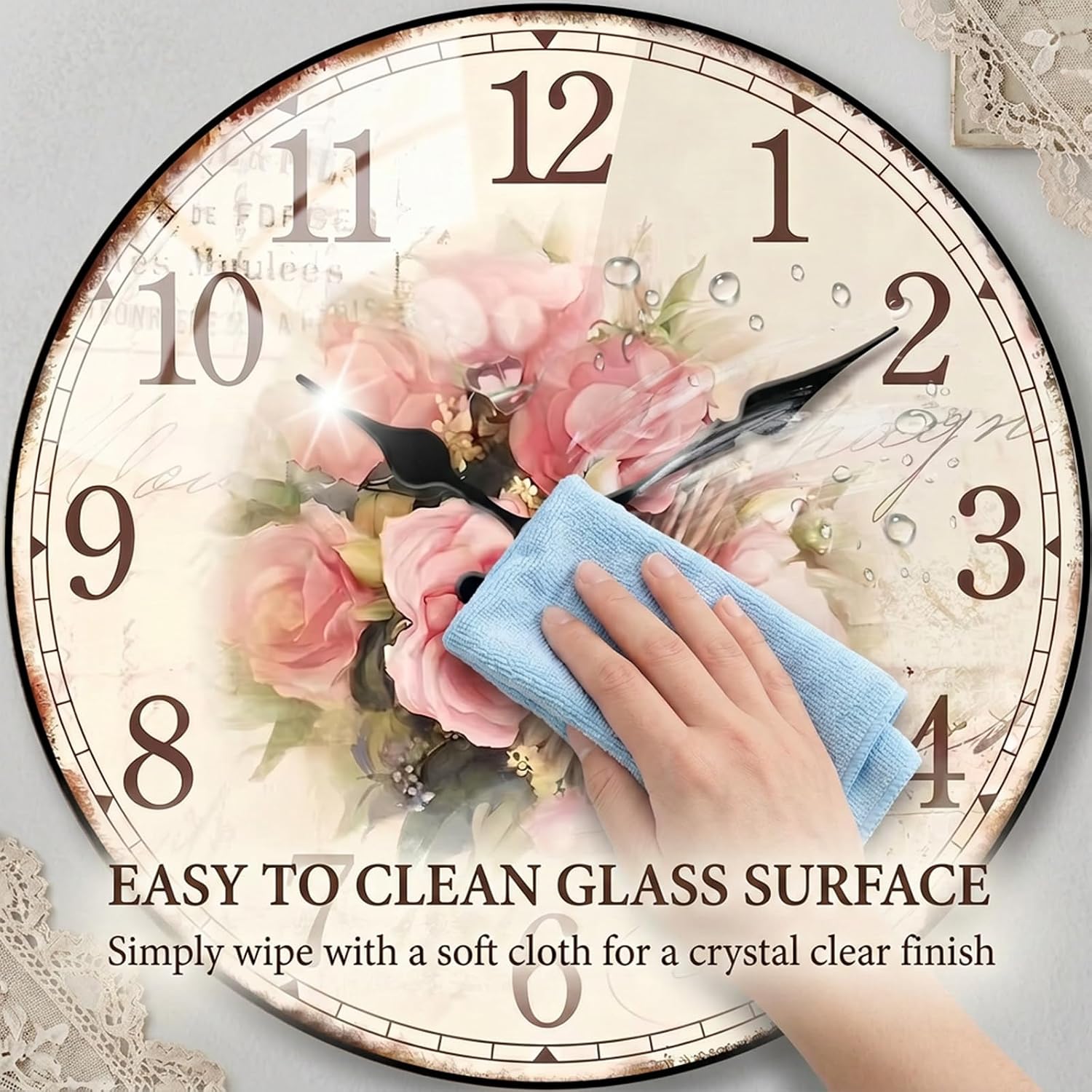 12in Wooden Floral Wall Clock Battery Operated Silent Home Decor
