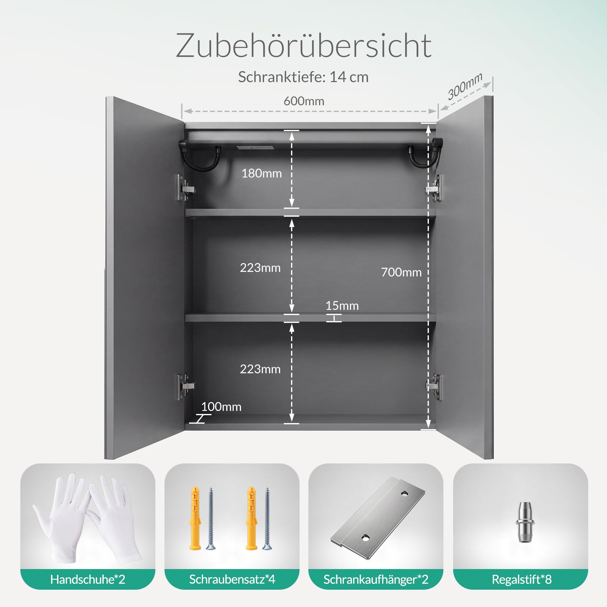 Spiegelschrank Bad mit Beleuchtung Vormontiert 60x70x14cm Steingrau