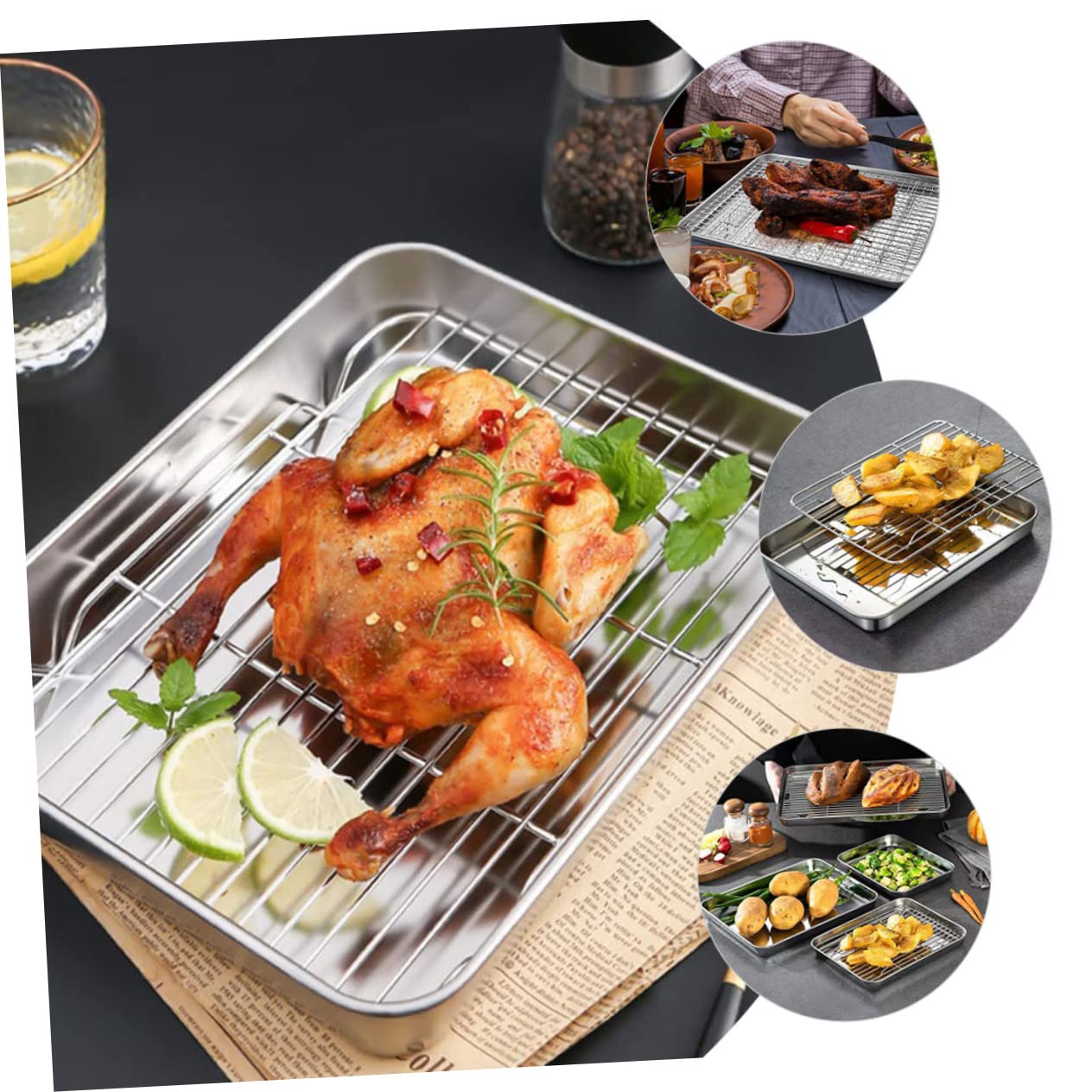 Set Teglia da Forno in Acciaio Inox, Griglia Multifunzione, Argento