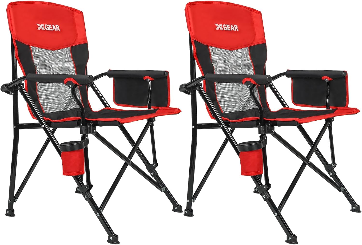 XGEAR 2-Pack Camping Chairs for Adults Support 350LBS Sturdy Mesh Back Camp Chair with Metal Armrests, Cup Holder, Storage Pockets(Black/Red) 2-Pack Red / Black