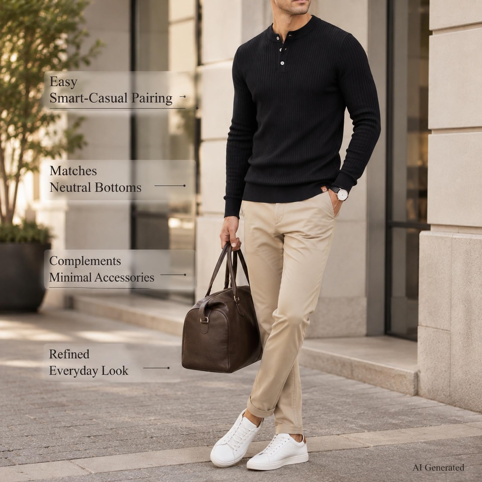 Męska koszulka Henley z długim rękawem Slim Fit Stretch Ribbed Pullover