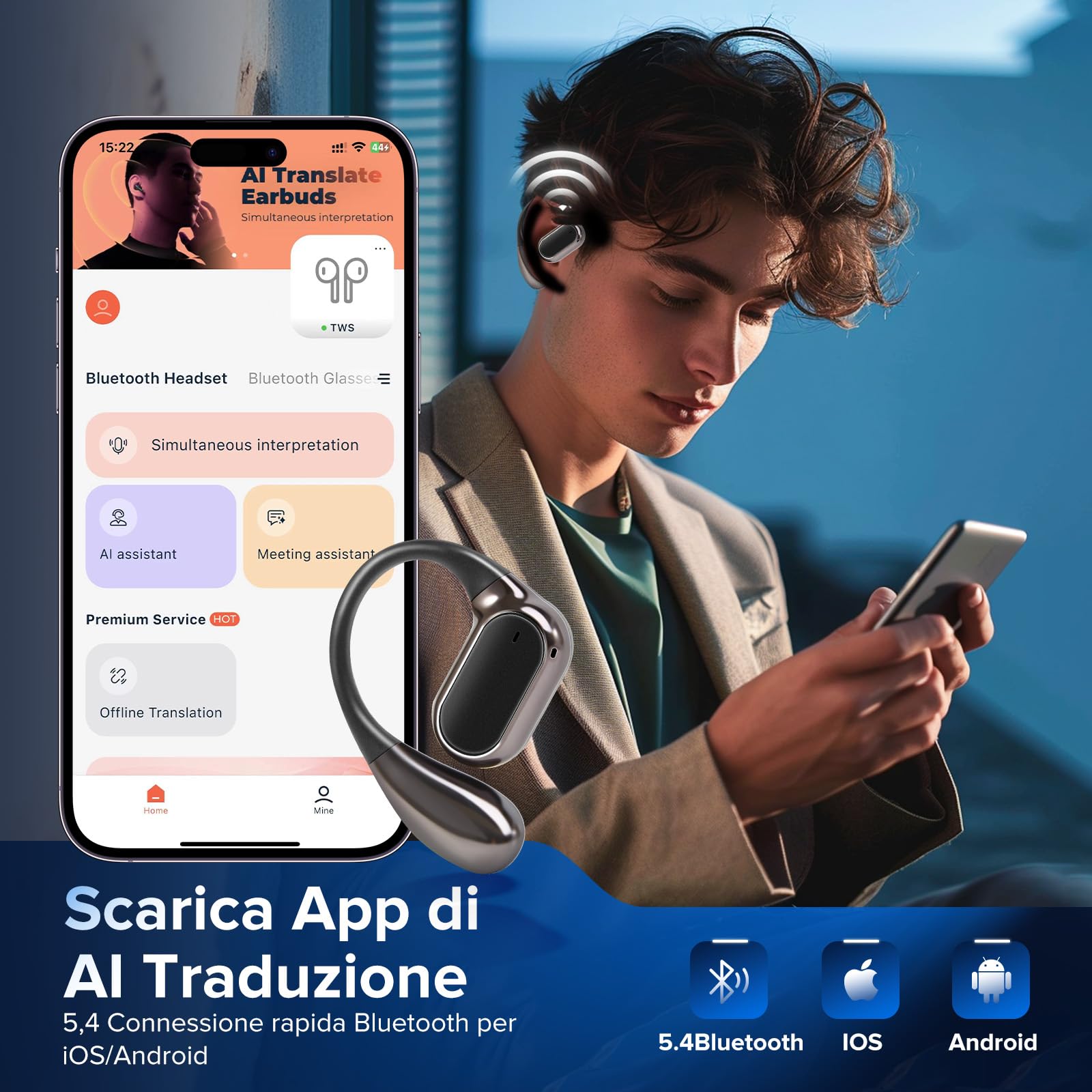 Cuffie Traduttore con Traduzione Simultanea in 145 Lingue – Auricolari Bluetooth 5.4 con Riduzione Rumore ENC, Traduttore Vocale Istantaneo Multilingue per Viaggi, Lavoro e Vita Quotidiana