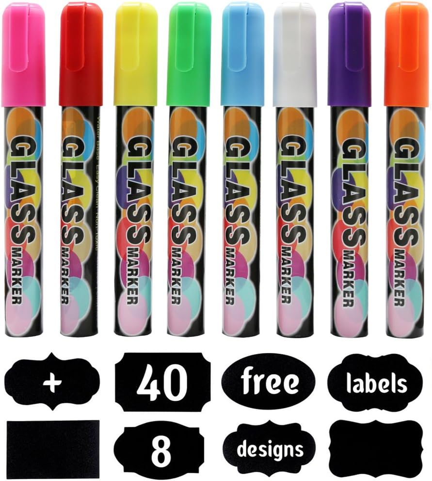 Chalk Pens D60 6mm Liquid Markers Erasable Set Pack of 8 Neon Colours with Free 40 Chalk board Labels