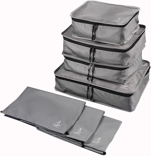 ABSUM Packing Cubes for Suitcases 7Set - Sturdy Suitcase Organiser Bags for Backpack, Perfect for Camping and Travelling - Polyester Washable Travel Organiser with a strong Zipper - Grey