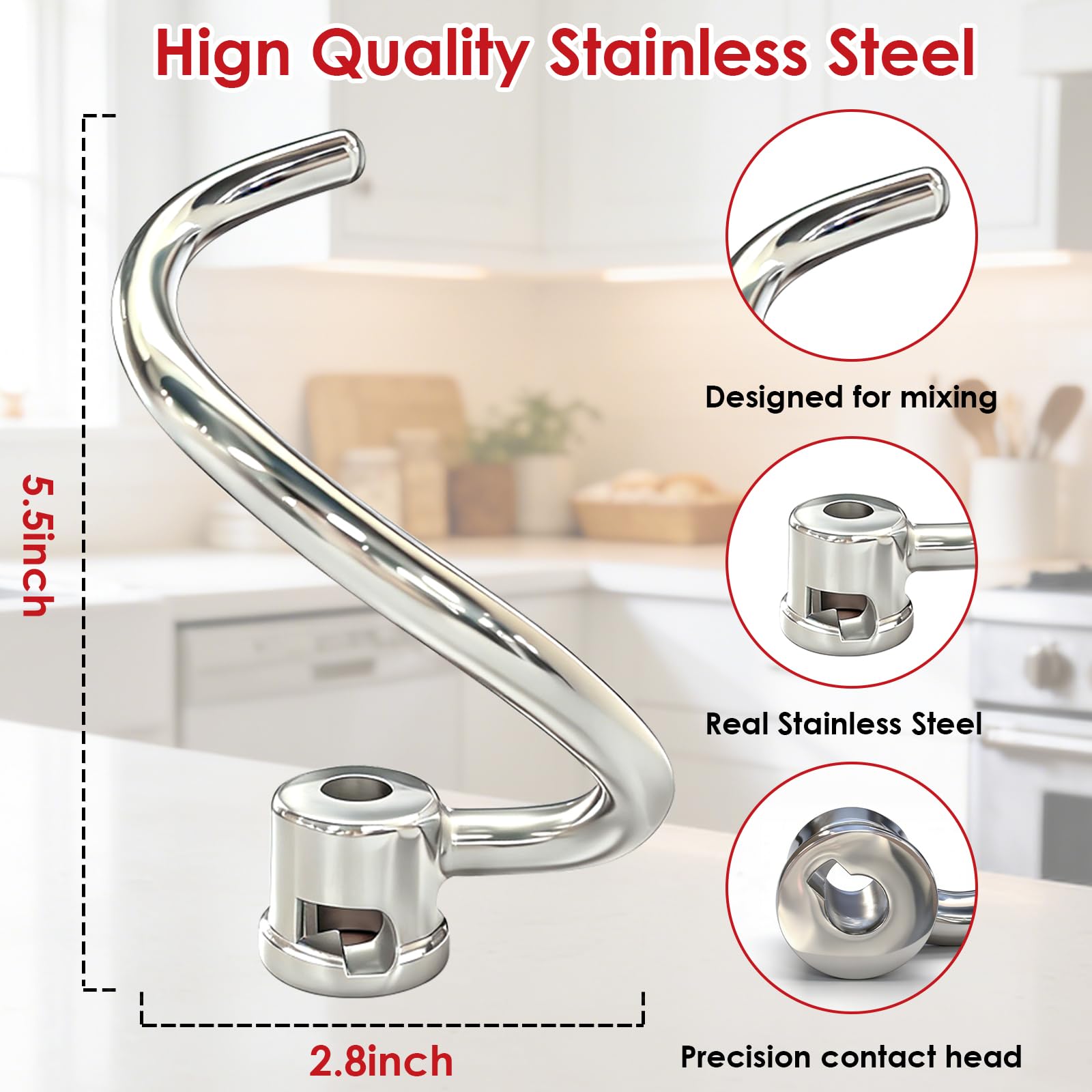 Gancho de acero inoxidable en espiral para batidoras KitchenAid de 4.5 a 5 cuartos de galón, apto para lavavajillas, accesorio de repuesto
