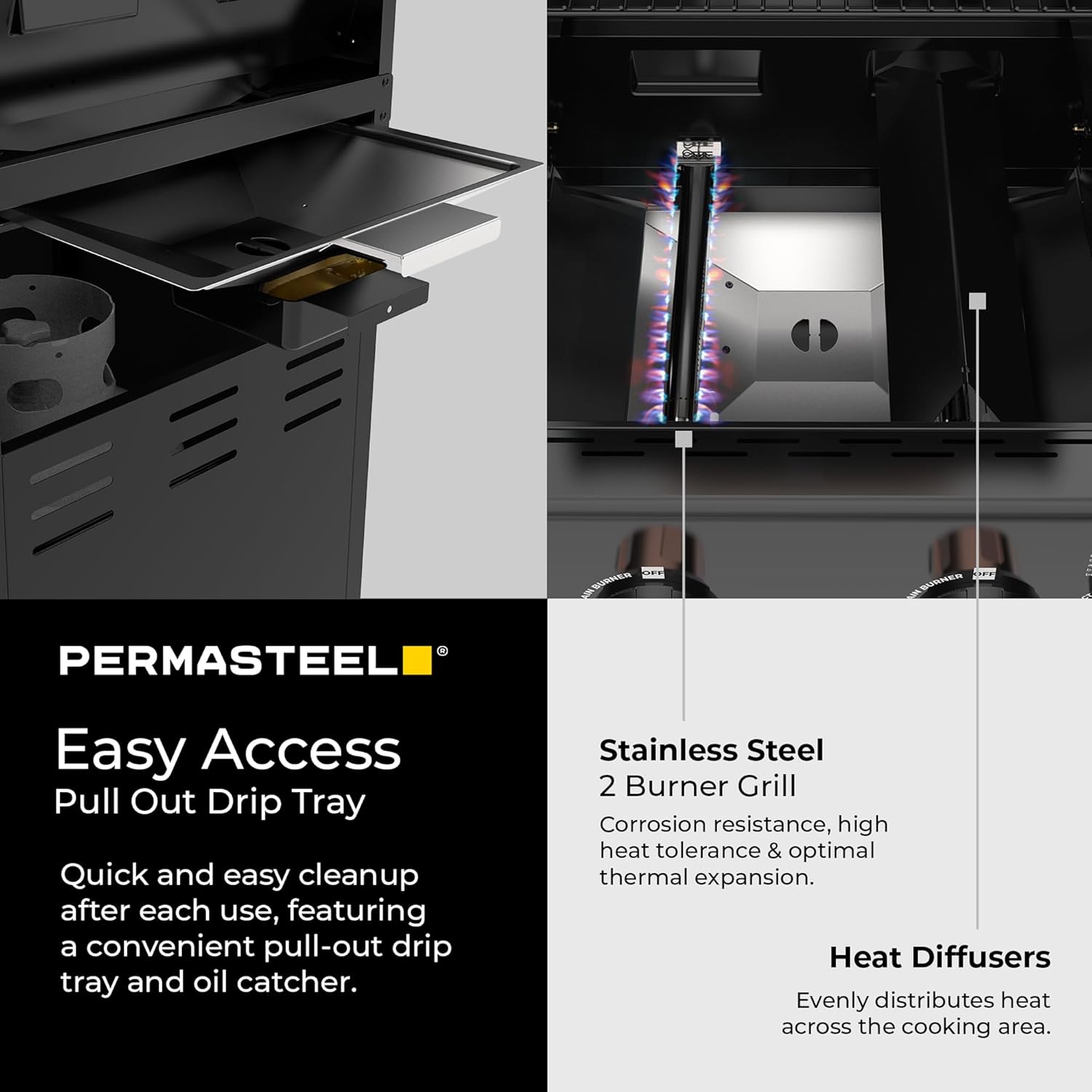 Permasteel 2-Burner Propane Gas Grill, BBQ Grill with Foldable Side Tables & Tool Hooks, Perfect for Outdoor Cooking, Patio & Garden, Black/Copper