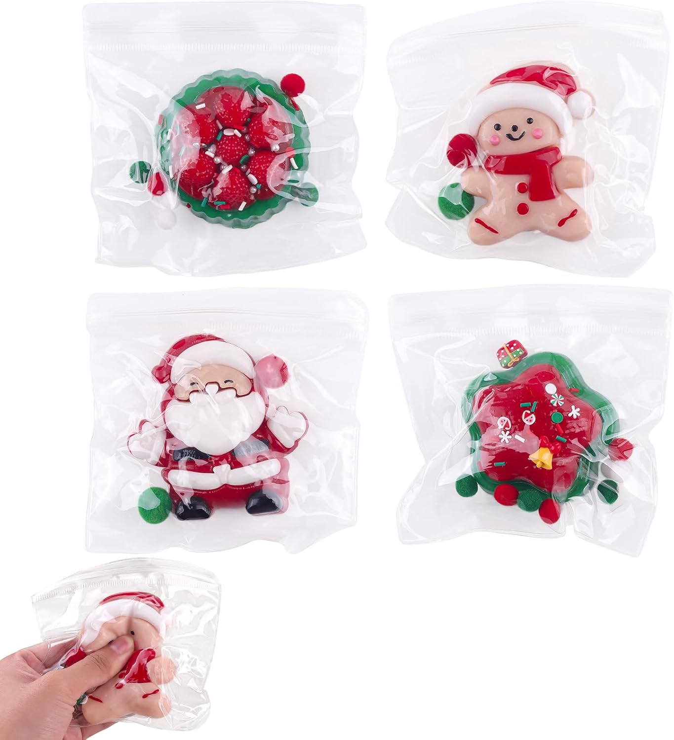 Anboor 4 Pcs Christmas Squishies Toy, Kawaii Christmas Star, Raspberry Tart, Santa Claus, Gingerbread Man Squeeze Fidget Toys Stress Relief for Kids Adults Autism Xmas Stocking Fillers