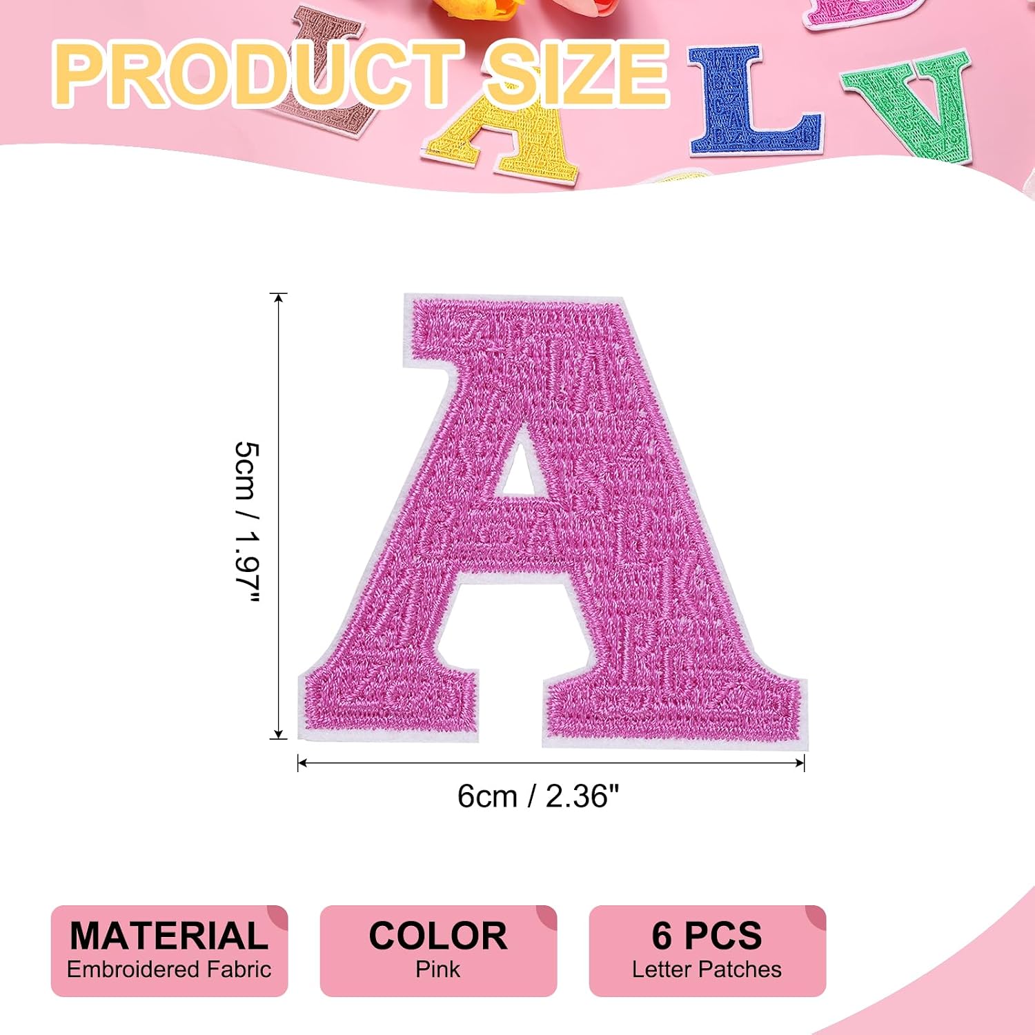 PATIKIL Letters Patches, 6 Pcs Initial Letter A Iron on Patch Embroidered Fabric 2.36 Inch Alphabet Stickers for Clothes Hats Makeup Bags DIY, Pink