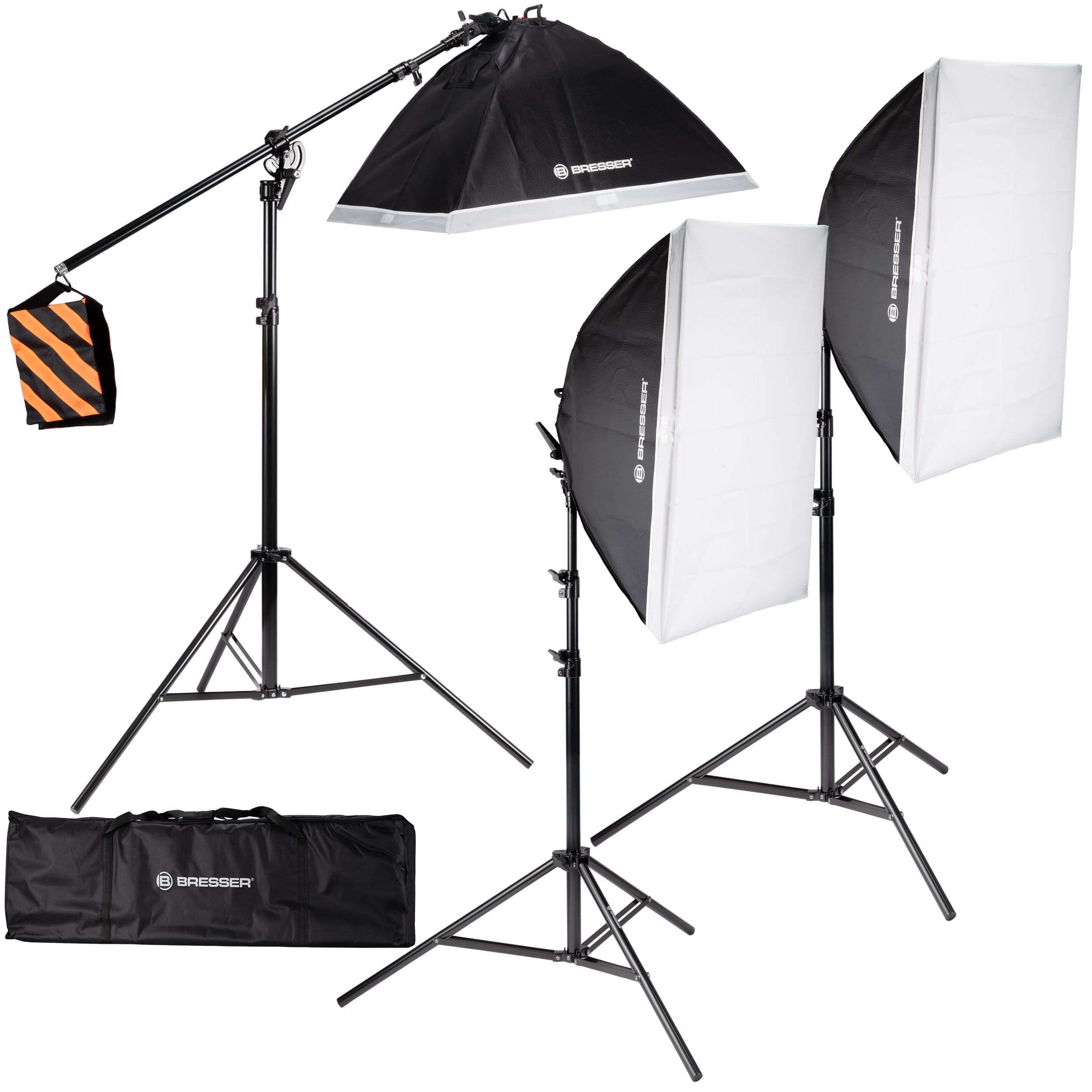 Bresser Kit Luce Diurna LED per Studio Fotografico con 3 Softbox 60x80 cm, 15 Lampade LED, Treppiedi, Braccio Boom, Borsa, 5500K, CRI >85