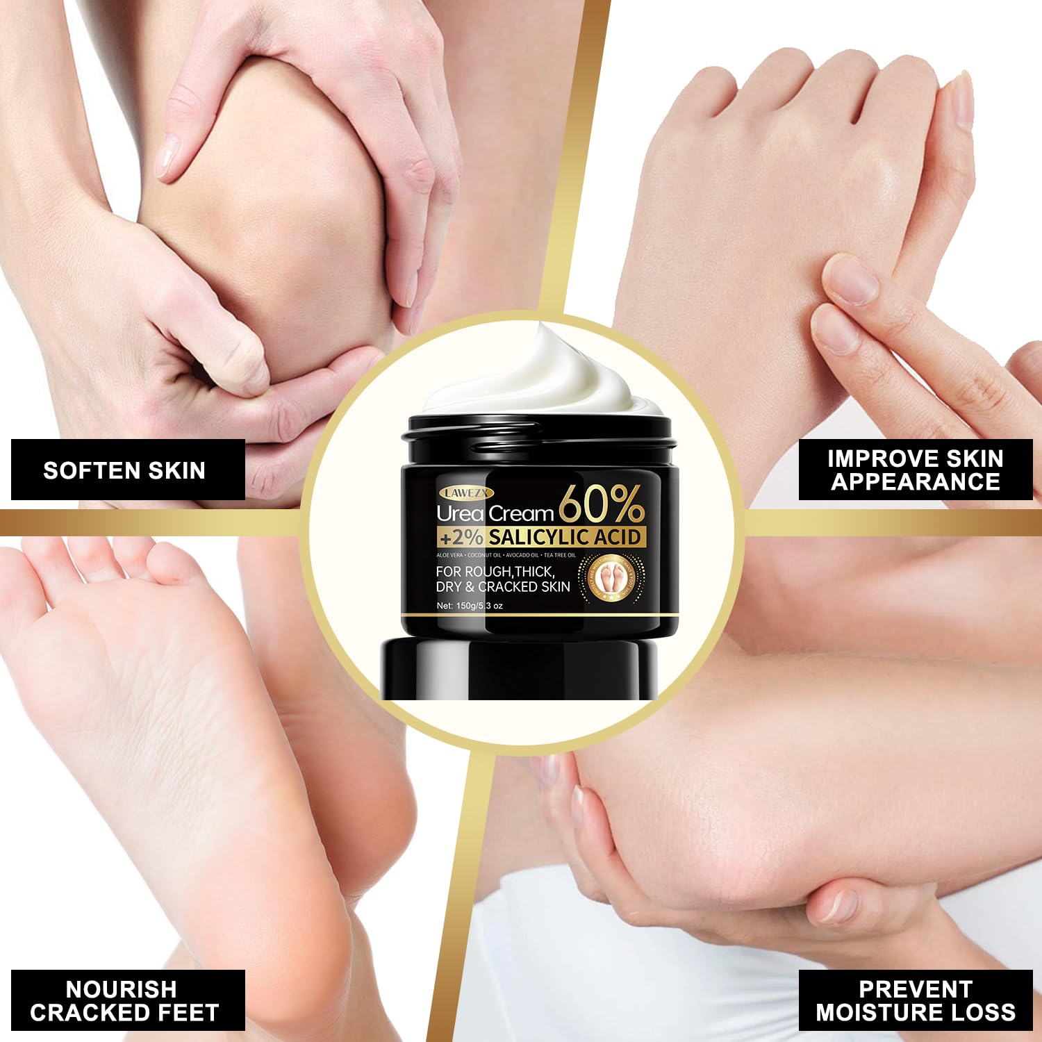 Crema Urea per Piedi e Mani, Crema Piedi Urea 60% con Acido Salicilico 2%, per Mani, Talloni, Gomiti e Ginocchia, Un'idratazione Profonda, Screpolati Rimozione e Ammorbidimento Dei Calli, 150g