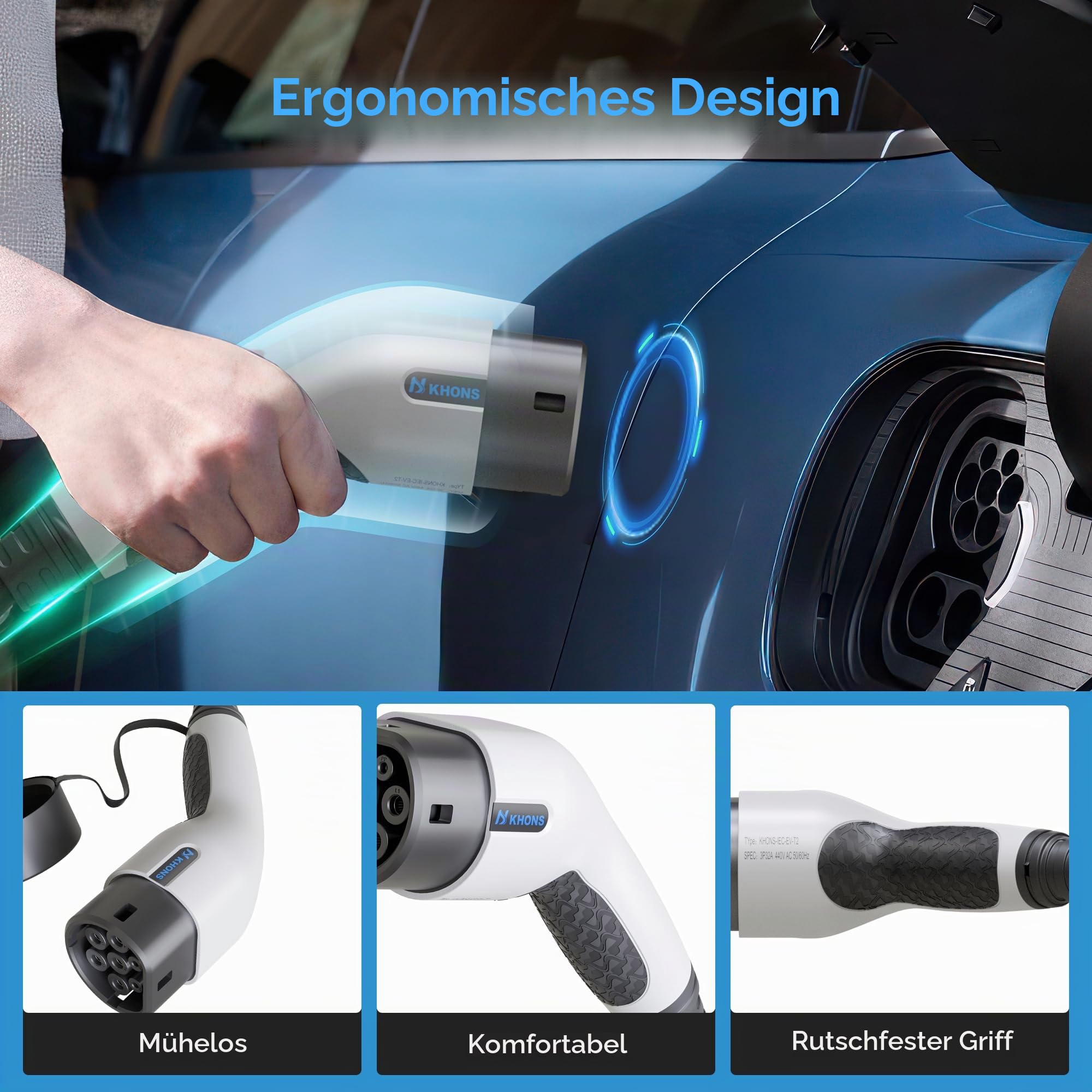 Typ 2 Ladekabel 16A/11 kW/3-Phasig/5 Meter Elektroauto Ladekabel für E Auto EV/PHEV Modus 3 Kompatibel mit Model Y 3 S X, ID.3, ID.4, ID.5, IONIQ 5 (Weiß)