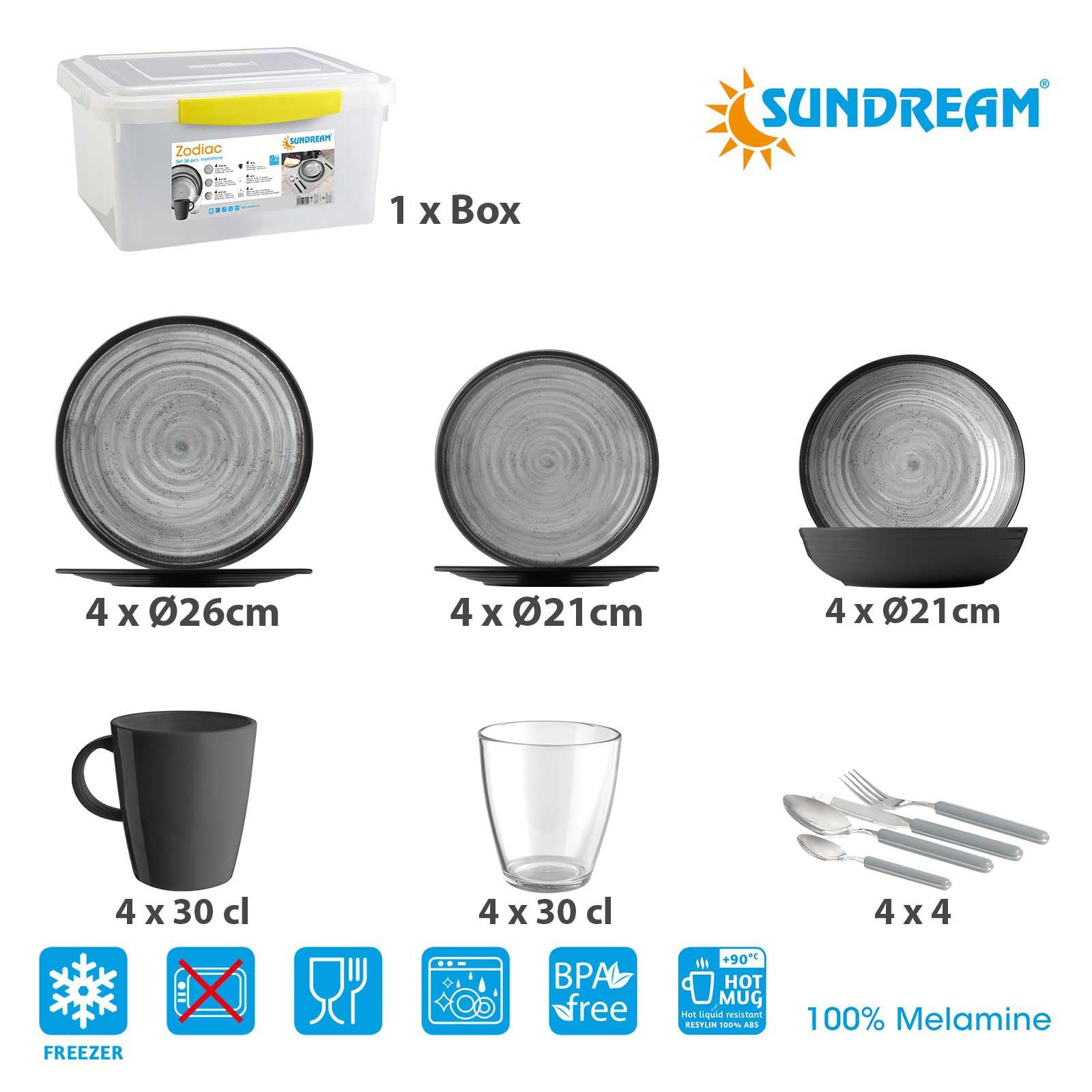 Camping-Geschirr Set Melamin 2-4 Personen | SUNDREAM Zodiac 12, 16 oder 36 teilig | Teller, Schüsseln oder Becher | Ultra-Leicht, Bruchfest, Kratzfest & BPA-Frei - Vintage Stil in Schwarz