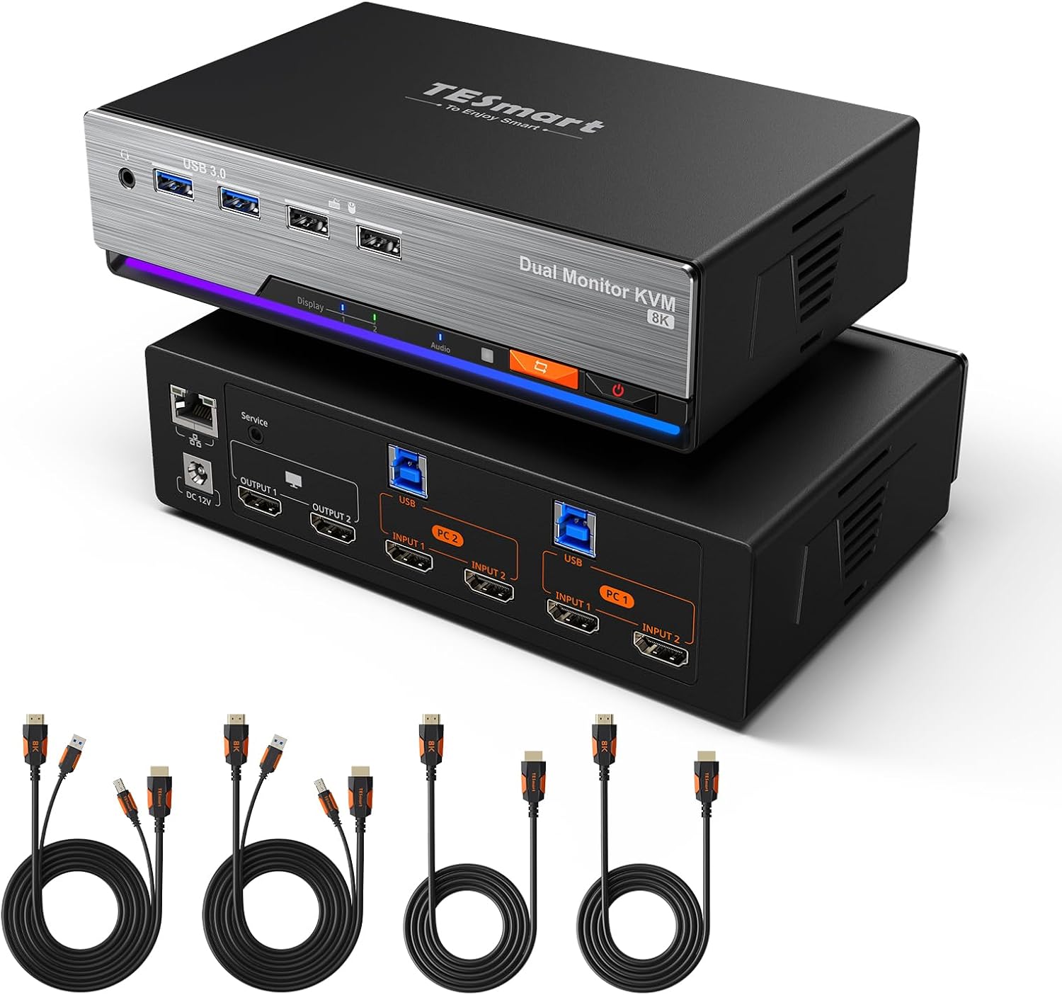 TESmart 8K@60Hz HDMI KVM Switch 2 Monitors 2 Computers USB 3.0, HDMI KVM Switch Dual Monitor 4K@144Hz for Gaming Dock, Support EDID, Gigabit Network, Hotkey Switch, Audio & Mic with All Input Cables