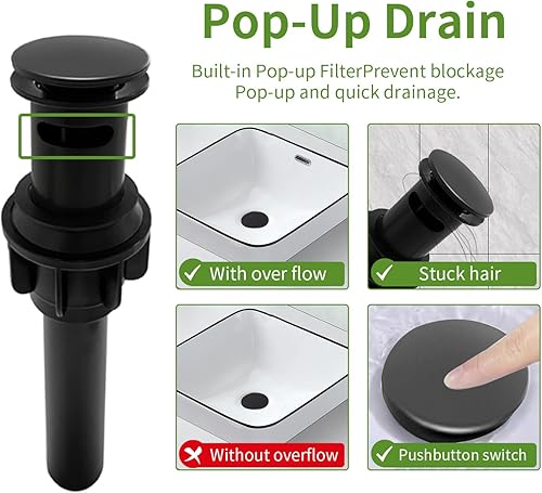 Miniatura 5 de Grifos de baño en cascada para fregadero de 3 agujeros, color negro mate, grifo de lavabo con drenaje desplegable de 8 pulgadas, grifo de lavabo