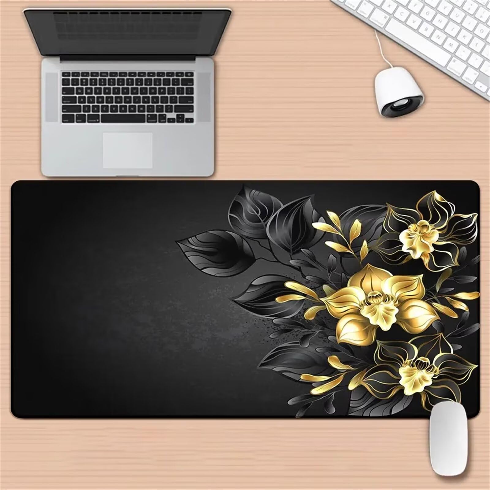Tappetino Mouse XXL 1200 x 600 x 2mm Rose nere e oro Gaming Tappetino per il mouse con Antiscivolo Bordi Cuciti Sottomano Scrivania Mouse Pad per PC Laptop Ufficio
