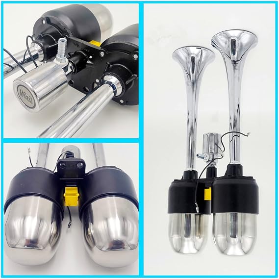 Car Horn With Prolonged Sound - Double Silver Speaker, Zinc Chrome, Stainless Steel 304 Air Tank - Electric, Loud - Suitable for 24V/12V Car, Yacht, RV, Train, Boat