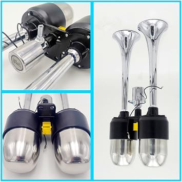 Car Horn With Prolonged Sound - Double Silver Speaker, Zinc Chrome, Stainless Steel 304 Air Tank - Electric, Loud - Suitable for 24V/12V Car, Yacht, RV, Train, Boat