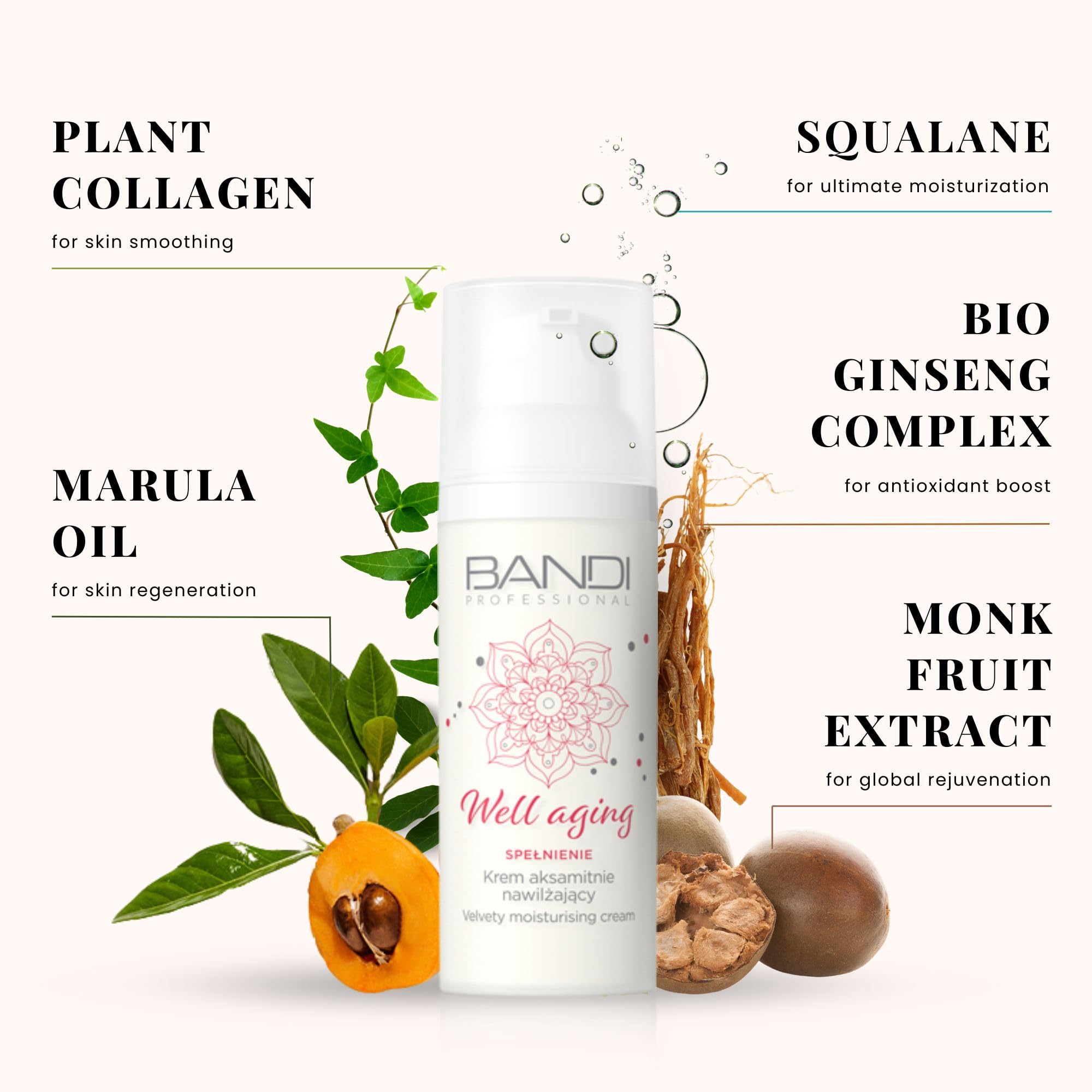 Bandi Velvety Smooth Face Cream Hydrating Anti-Aging Moisturiser for Mature Sensitive Skin Reduces Wrinkles Nourishes Dry Skin Enriched with Plant Collagen Marula Oil - Image 4