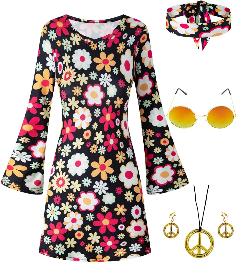 Girls Kids 60s 70s Hippie Costume Dresses Disco Halloween Retro Outfit