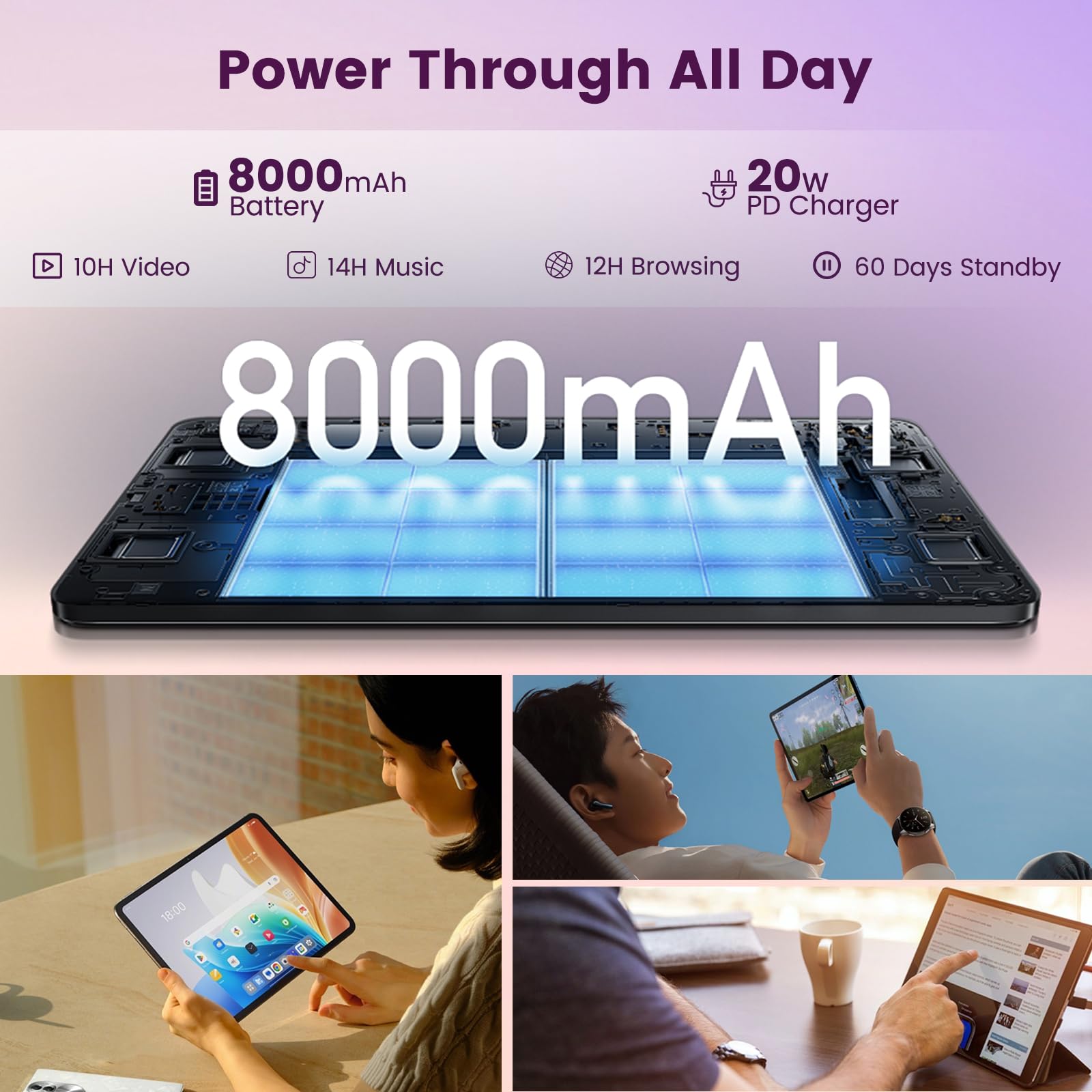 Tablet Android, T616 Octa-Core Tablet da 12 pollici, grande tablet Android con display 2K, caricabatterie rapido e custodia da 20 W, 20 GB di RAM, 256 GB di ROM, espansione 1 TB, 8000 mAh, Dual Wi-Fi