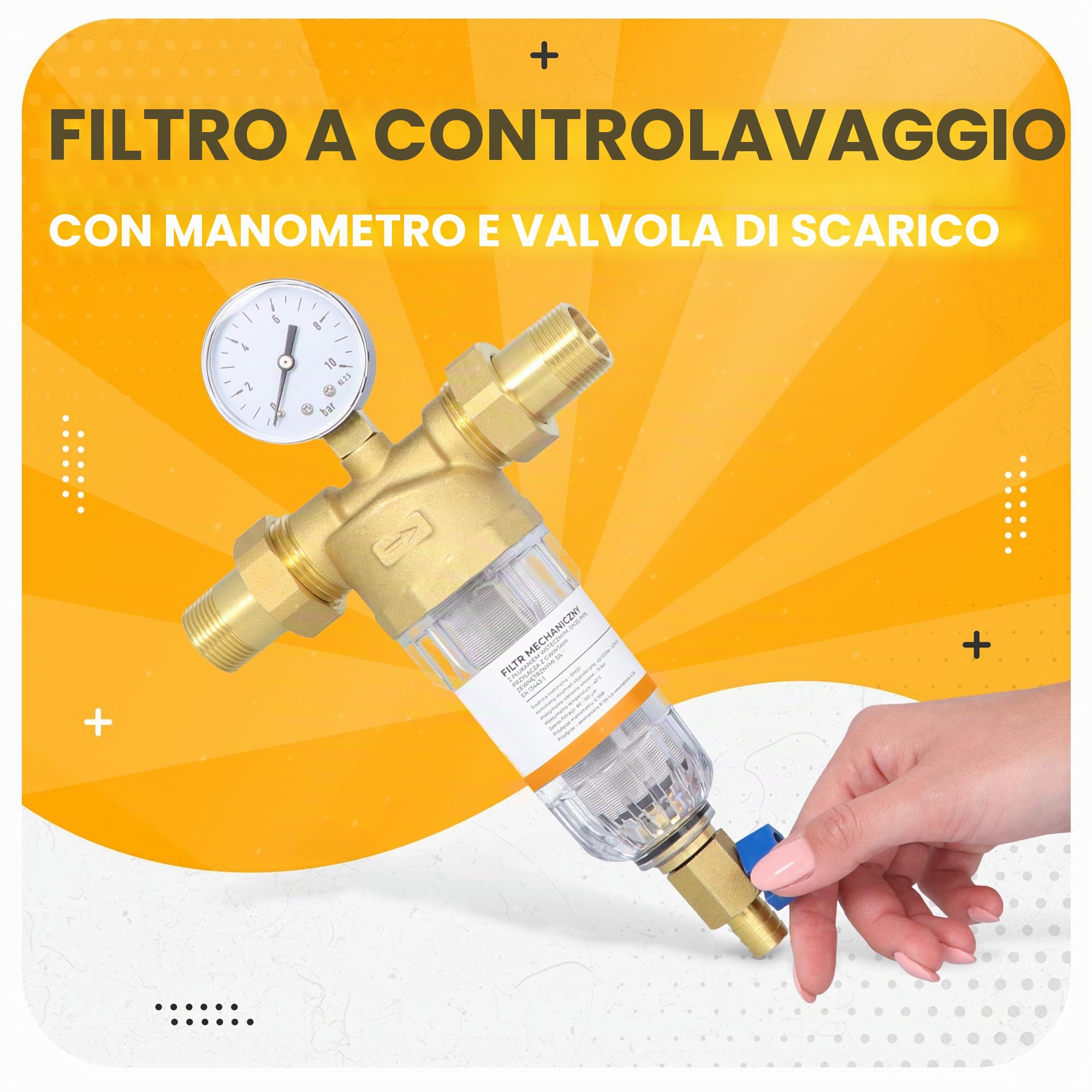 Instalguru Filtro Autopulente Acqua 3/4" DN20 Pressione Manometro Filtrazione Fina Scarico Sedimenti Riciclabile Acqua Pozzo Domestico Industriale