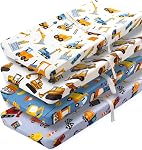 4 Pack Baby Boy Crib Sheets Set Soft Fitted Construction Truck or Dinosaur Theme Baby Boy Mattress Covers Breathable Toddler Sheets for Infant or Newborn Boys (Construction, Crib Sheets)