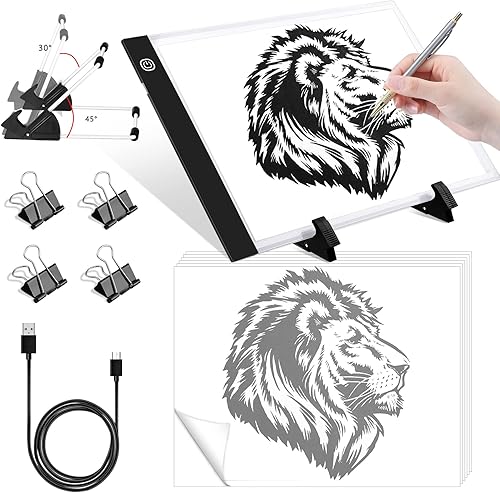 Caja de luz LED A4 con escala, almohadilla de luz artística con luz de copia de brillo ajustable con soporte desmontable, 300 hojas de papel A4, 4