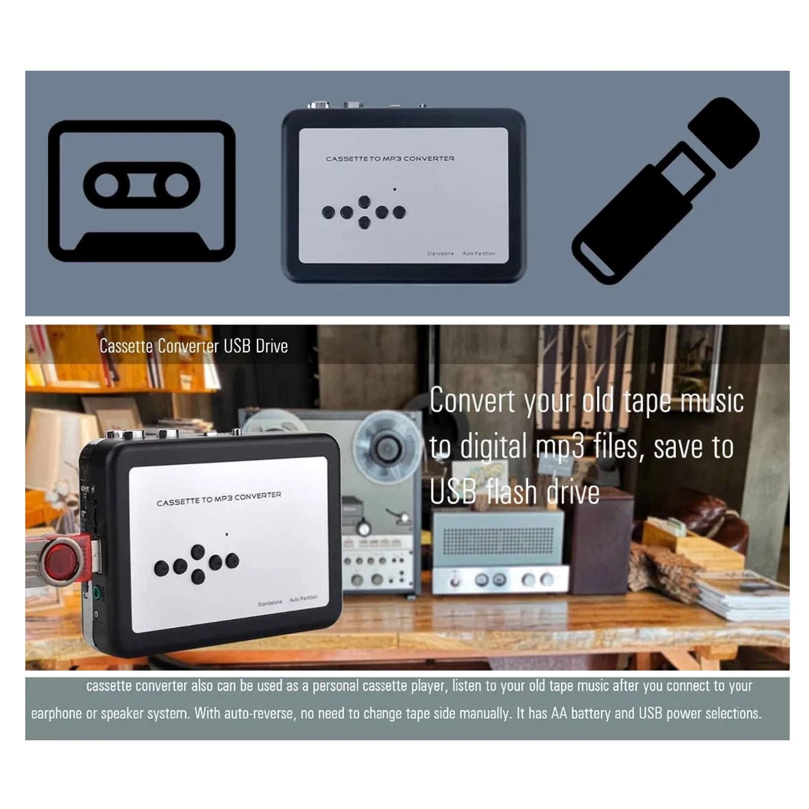 Przenośny Konwerter Magnetofonów Kasetowych, Kaseta z Dźwiękiem Stereo HiFi na MP3 za Pośrednictwem Karty SD, Wbudowany Mikrofon i Głośnik Odtwarzacz Kasetowy do Domowych