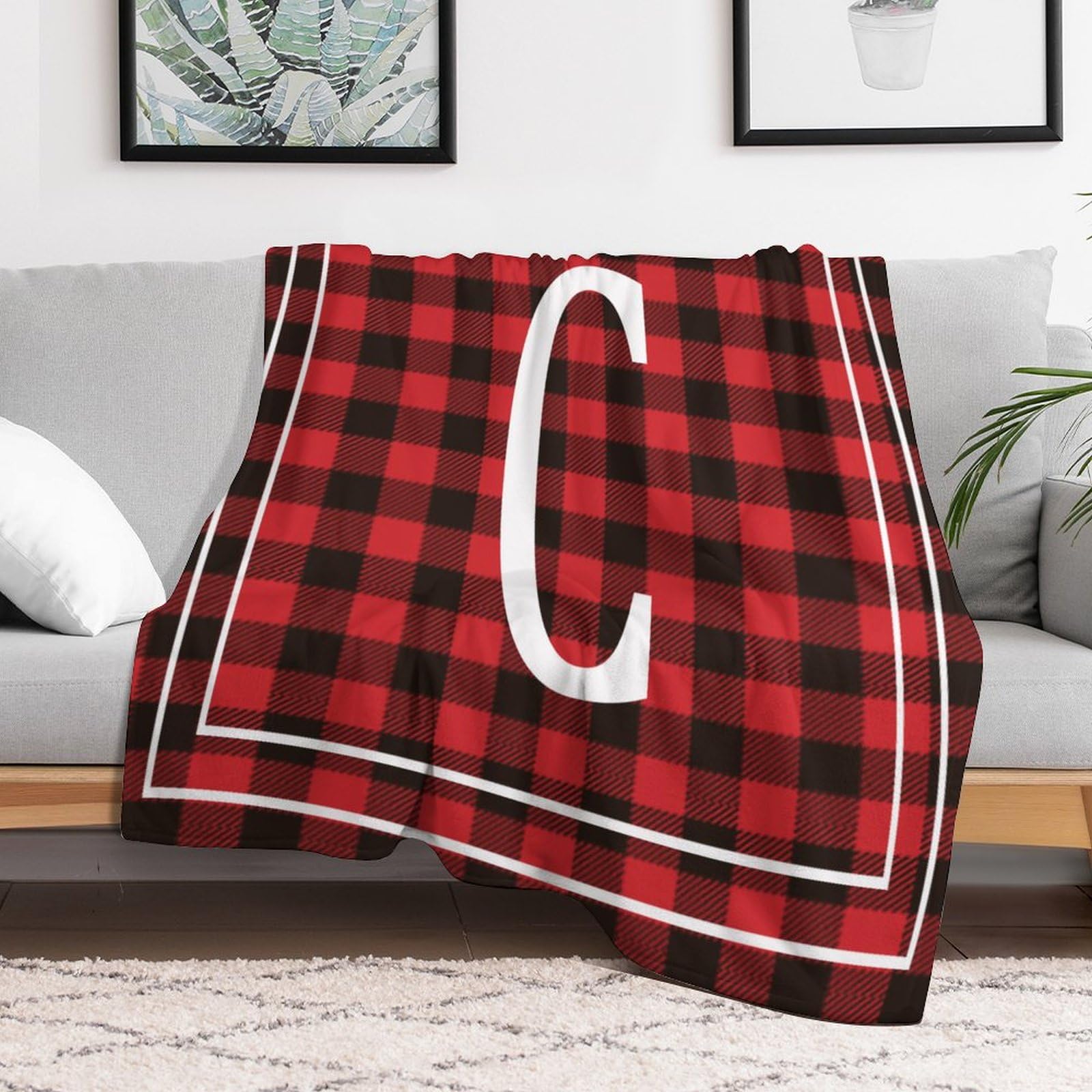 Initial Letter C Monogram Fleece Flannel Blanket Script Family Name Blanket Plush Fuzzy Cozy Cozy Decor for Bed Sofa Couch Camping Travel 60"x80" — image 1