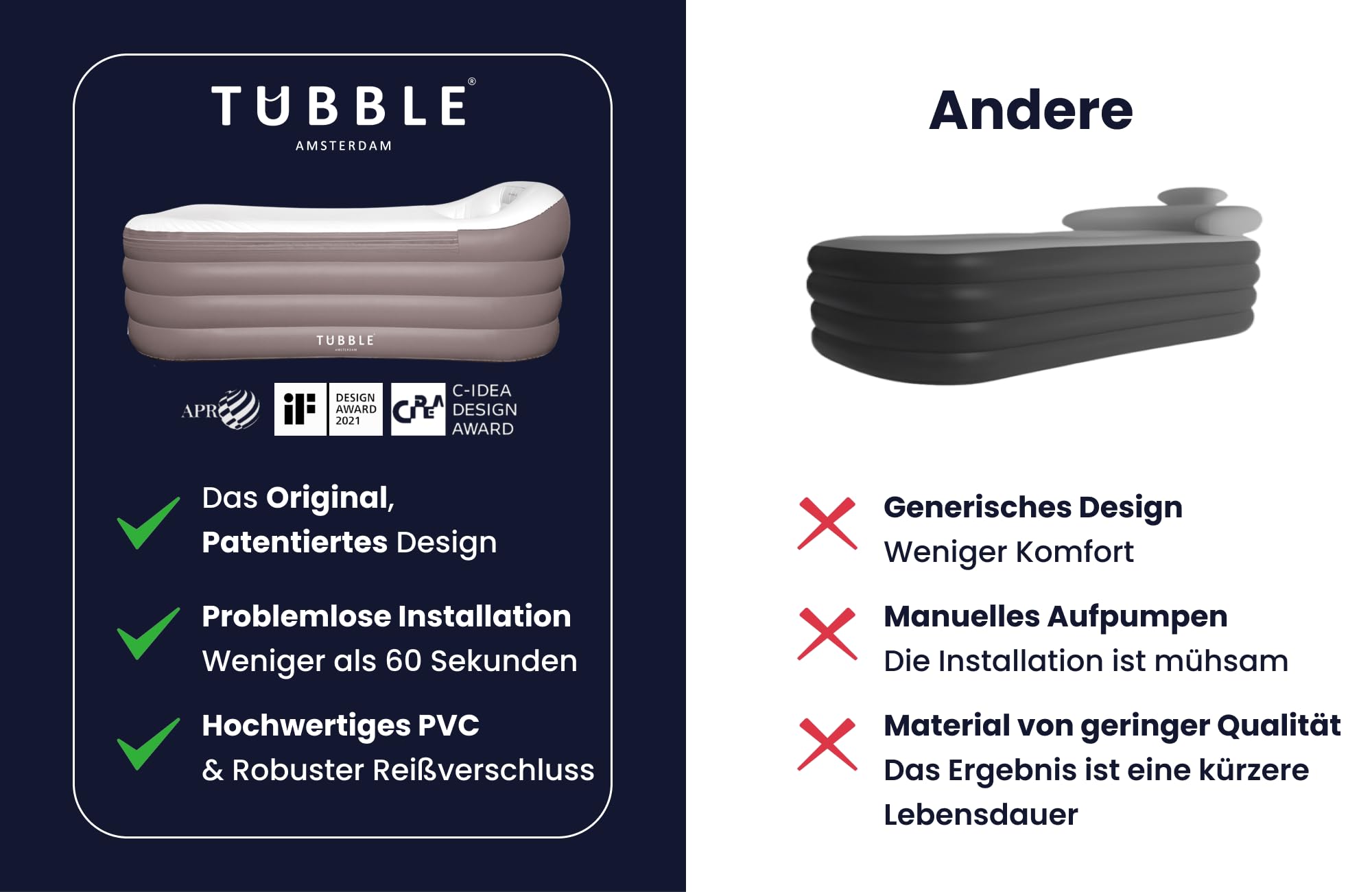 Tubble® Royale Badewanne Aufblasbar Ambiant Taupe 255 Liter - Faltbare Badewanne für Erwachsene bis 188 cm, Aufbau in 1min, Für Indoor und Outdoor, Home Spa & Eisbad