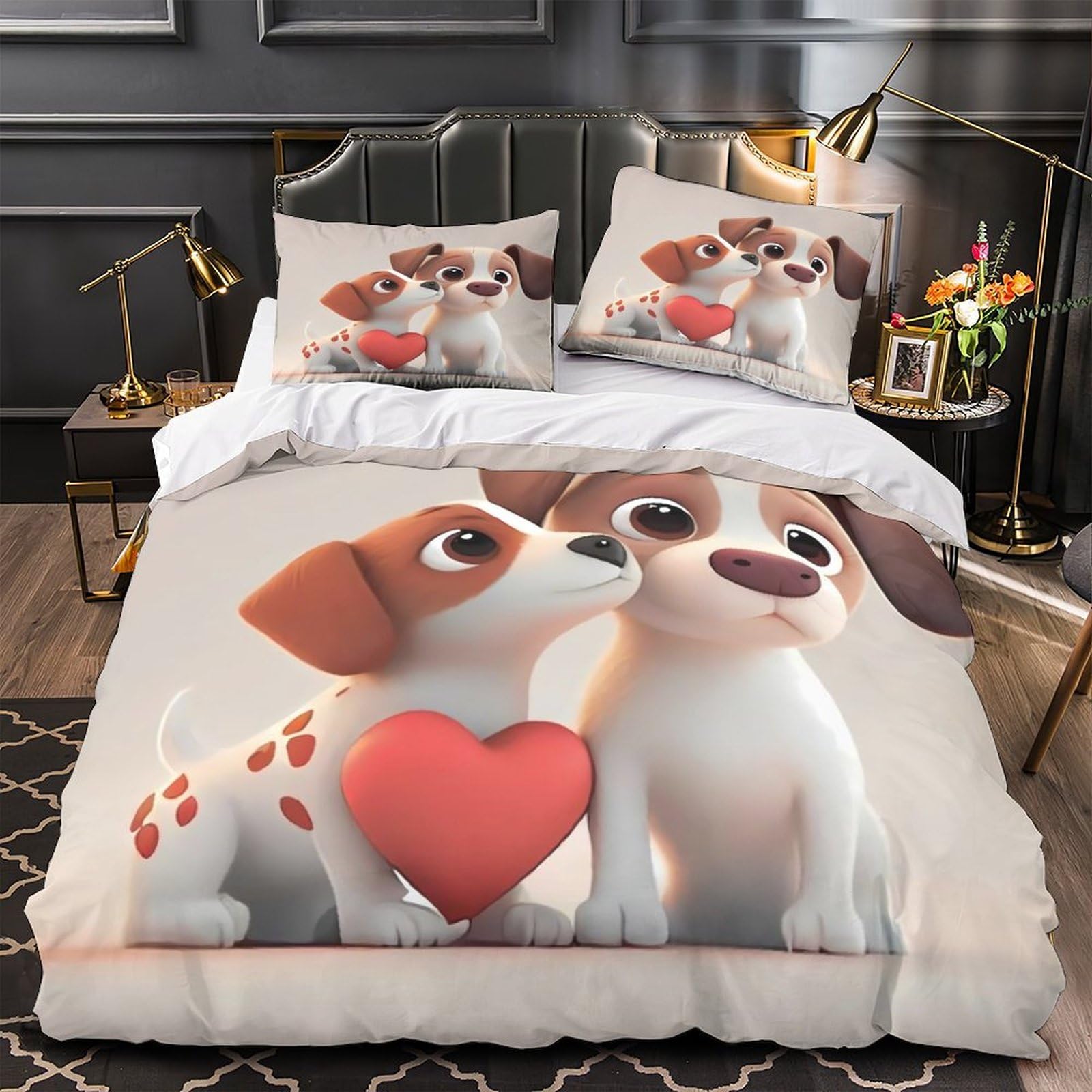 Niedliche Cartoon 3D Druck Hund Duvet Cover Mikrofaser Schlafzimmer Dekor Welpen Pärchen Bettwäsche Set Hautfreundlich Atmungsaktiv für Erwachsene Jugendliche Super King（260x220cm）
