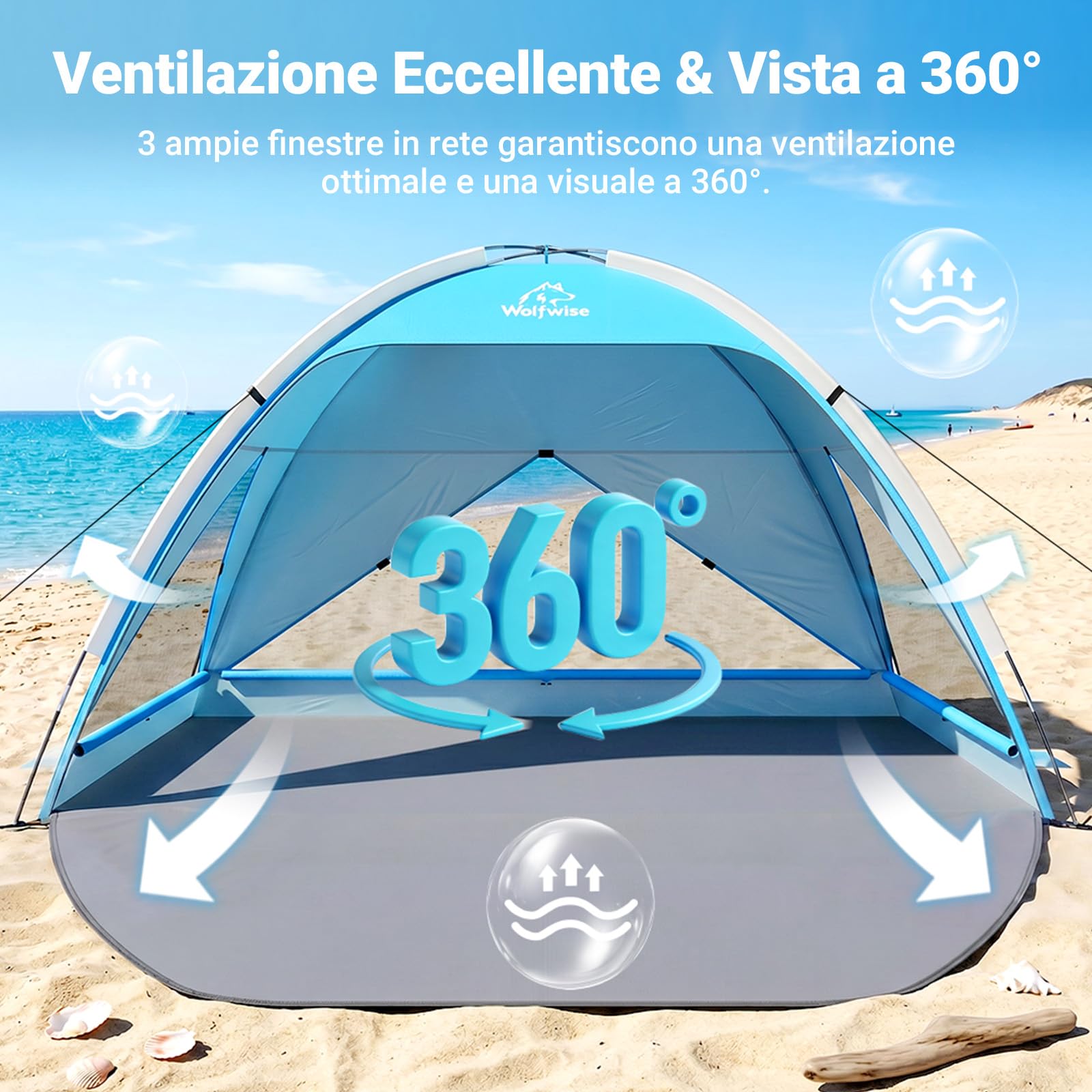 Wolfwise Tenda da Spiaggia UPF 50+ Famiglia Riparo Solare Anti-UV 3 Finestre Ventilate Pavimento Estensibile Borsa Trasporto 4 Persone Blu