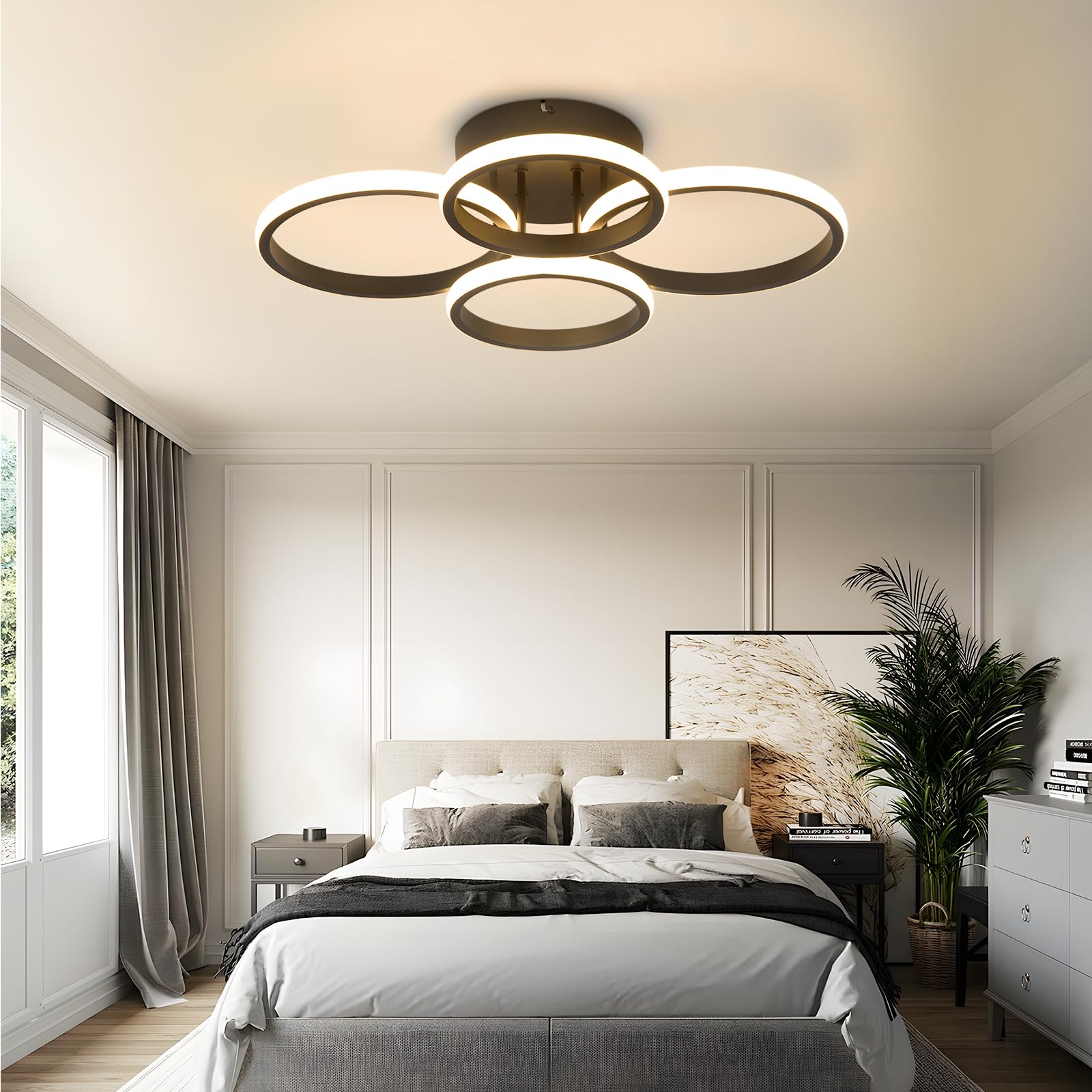 GBLY LED Deckenlampe Wohnzimmer: Deckenleuchte 55cm Küche Dimmbar Modern | Schwarz 48W Schlafzimmerlampe 4 Ring Design Deckenlampe Flur Büro Schlafzimmer Lampe mit Fernbedienung