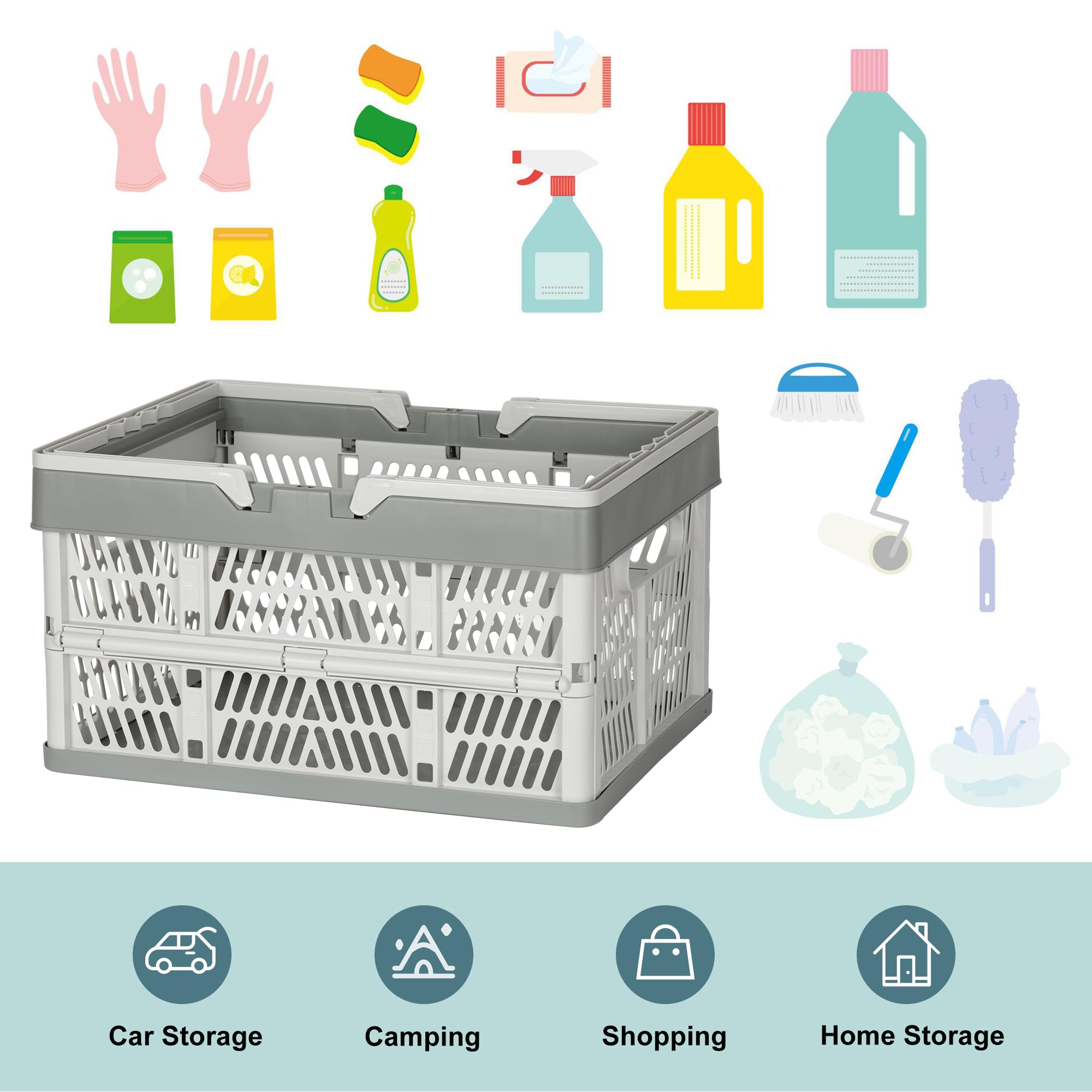 Senloglb - Cestino per la spesa pieghevole con manico, 32 l, in plastica, pieghevole, per auto, ufficio, supermercati, campeggio, aule, colore grigio