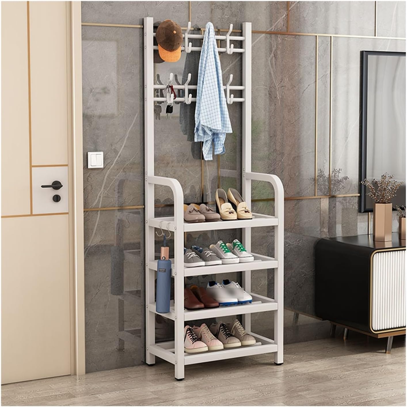 Coat Rack Stand Clothes Rack Stand, Garment Racks, Clothing Hat Shoe Handbag Scarves Organizer, Bedroom Entryway Hall Cloakroom Storage Hanger, Shelves(White,100x27x170CM/39.37x10.63x66.93in)