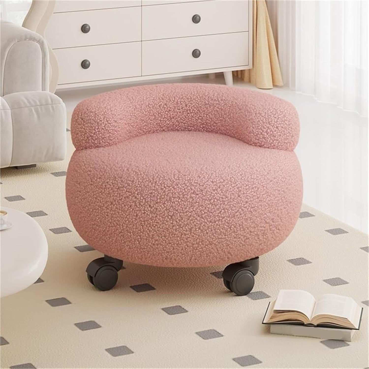 Ottoman with Wheels, Round Ottomans, Vanity Stool with Small Backrest, Modern Small Upholstered Foot Rest for Couch, Living Room and Bedroom(Black)