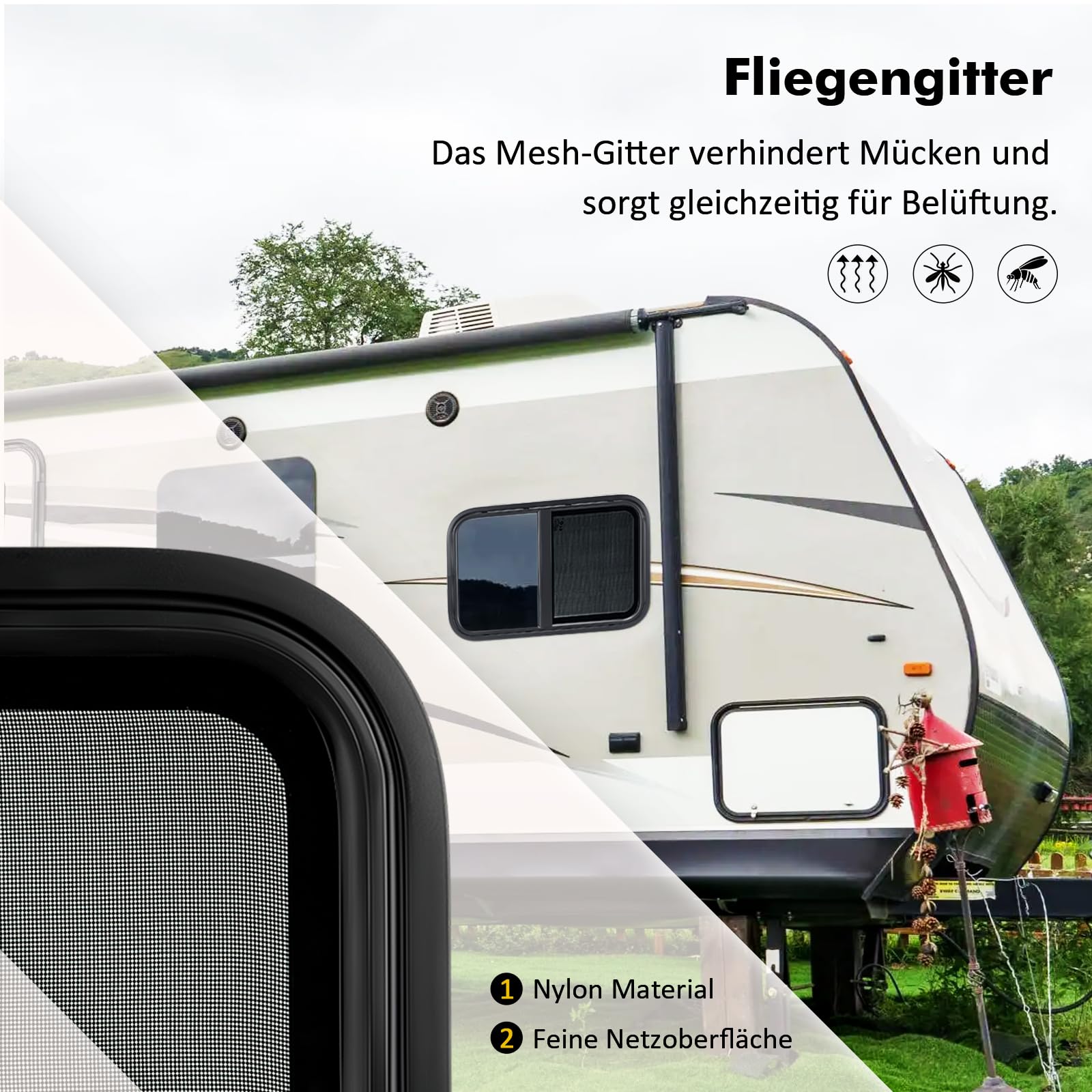 GEARMONSTER Finestra laterale per camper e roulotte, colore nero, 500 x 300 mm, con schermo, vetro temperato per rimorchi