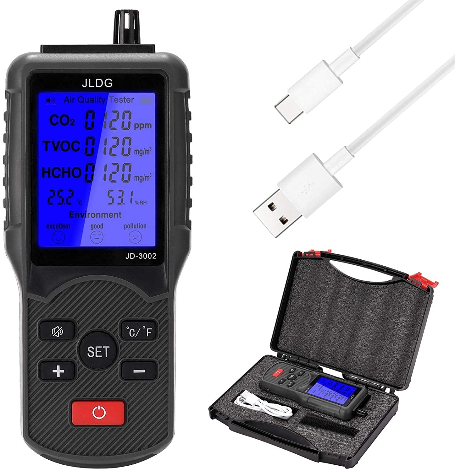 JJJ Preciso Monitor de Calidad del Aire, Detector de formaldehído, medidor de Humedad de Temperatura del probador de CO2, Compuesto volátil de tvoc de Prueba de Prueba Durable