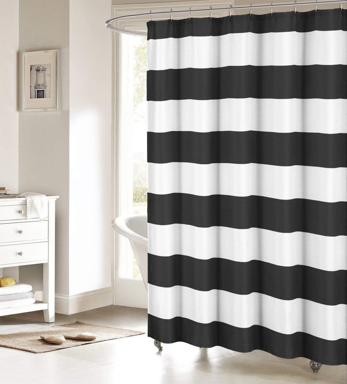 ALAGEO Black and White Stripe Shower Curtain Nautical Stripe Shower Curtains Bathroom Accessories Waterproof Fabric Bath Decor Extra Long Shower Curtain Set 72"x96" Black and White