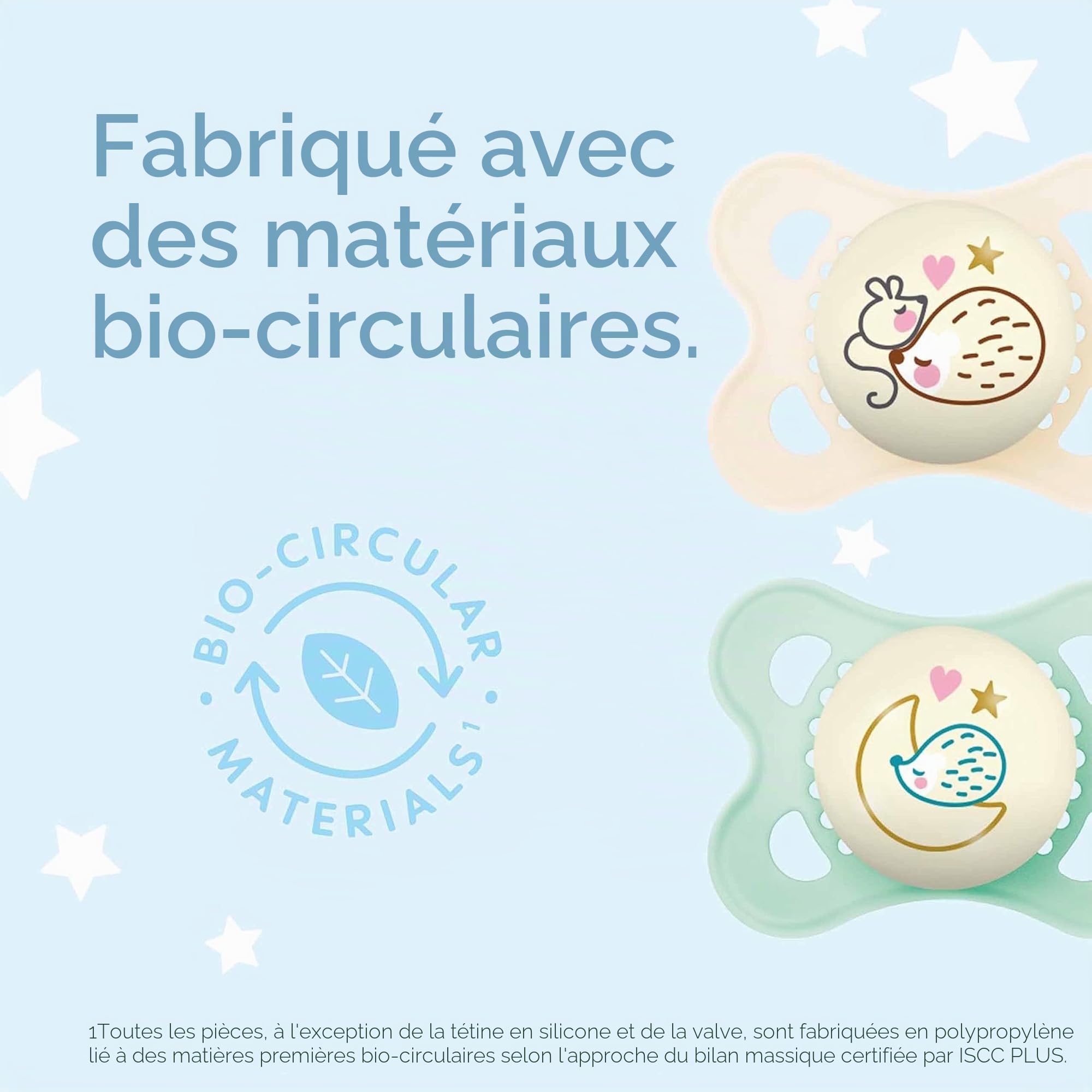 MAM Original Pure Night Lot de 2 tétines pour bébé de 2 à 6 mois, durables et biorenouvelables, tétine en silicone SkinSoft, tétine phosphorescente, crème (les motifs peuvent varier)