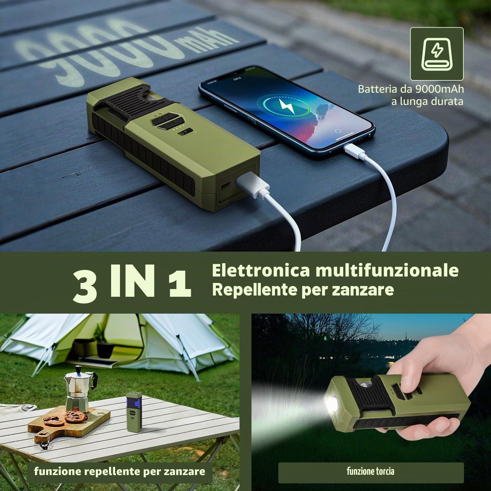 WhiteRhino 3-IN-1 Dispositivo Repellente per Zanzare da Esterno con Torcia, Repellente Elettrico con Riscaldamento a Doppia Faccia, IP67 Impermeabile, Batteria 9000mAh, per Patio, Viaggi (Verde)