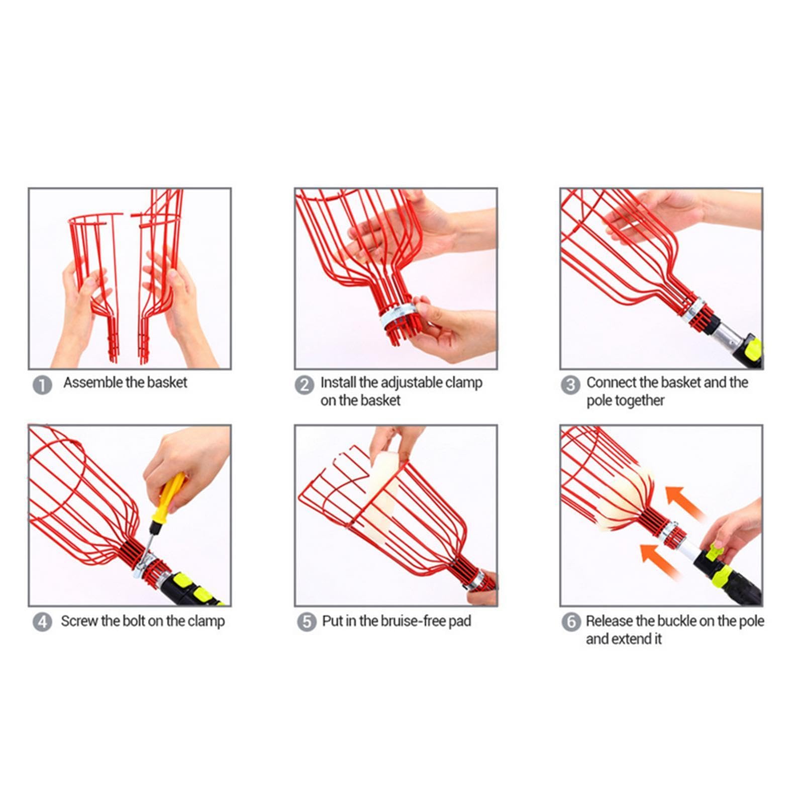 Generic Fruit Picker Basket Fruit Grabber Easy to Use Accessory Lightweight Sturdy Gardening Tools Fruit Tree Picker Tool for Oranges, Red