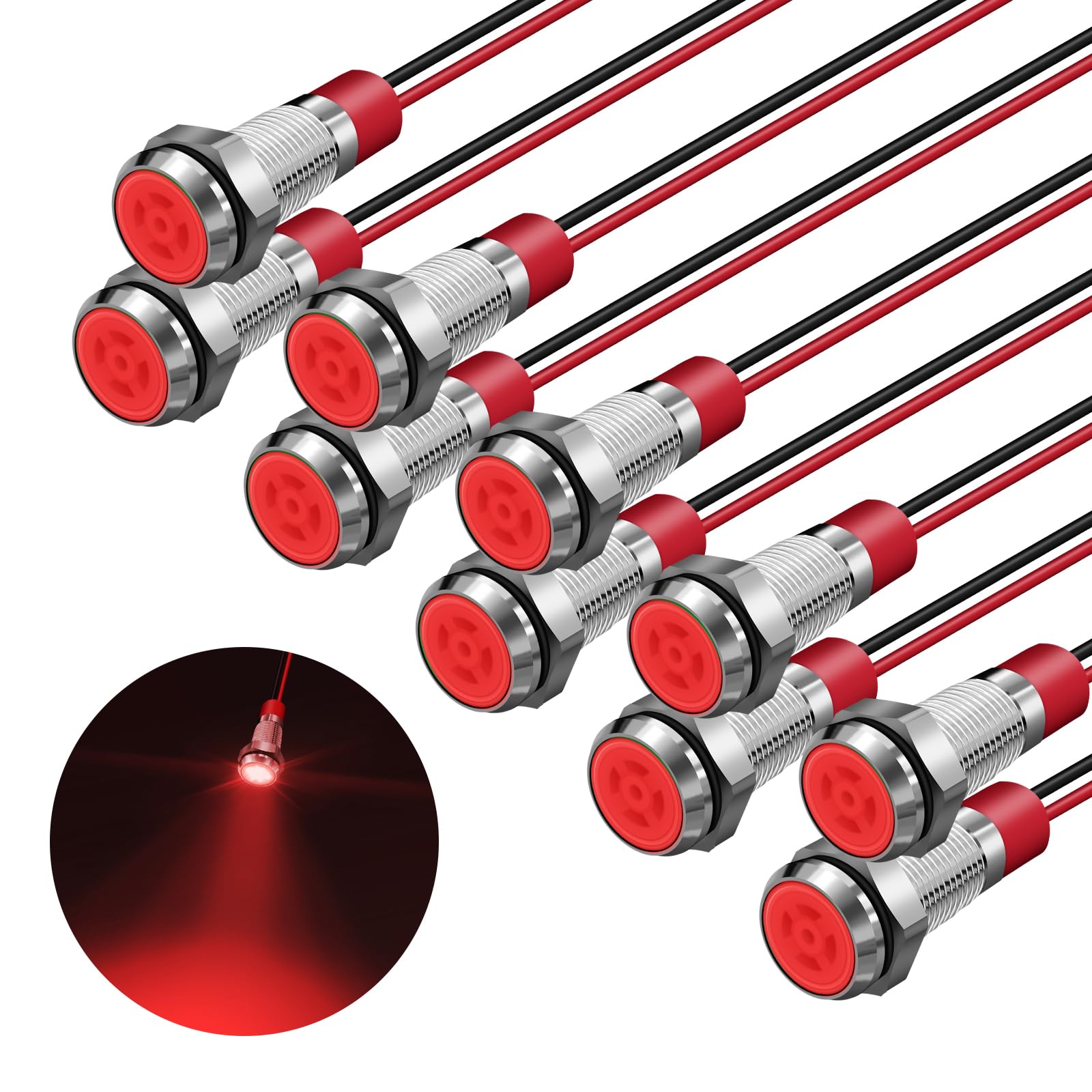 10 Pcs LED Metal Waterproof Indicator Light, 12-24V 1/4'' Mounting Hole Pre-Wired Pilot Signal Light for Car, Trucks, Boats, Marine, Dash, Industrial Electricity (Red, 8mm)