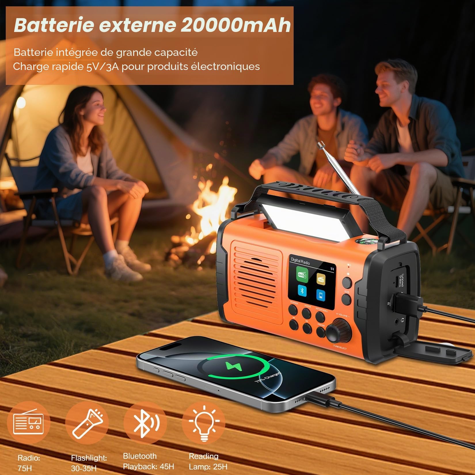 20000mAh Radio Survie Dab+ FM, Radio Solaire Portable Bluetooth avec Réveil, Alarme SOS d'urgence, Lampe de Poche Et Lampe de Lecture de Lampe de Lecture & Lampe Torche LED (Orange)
