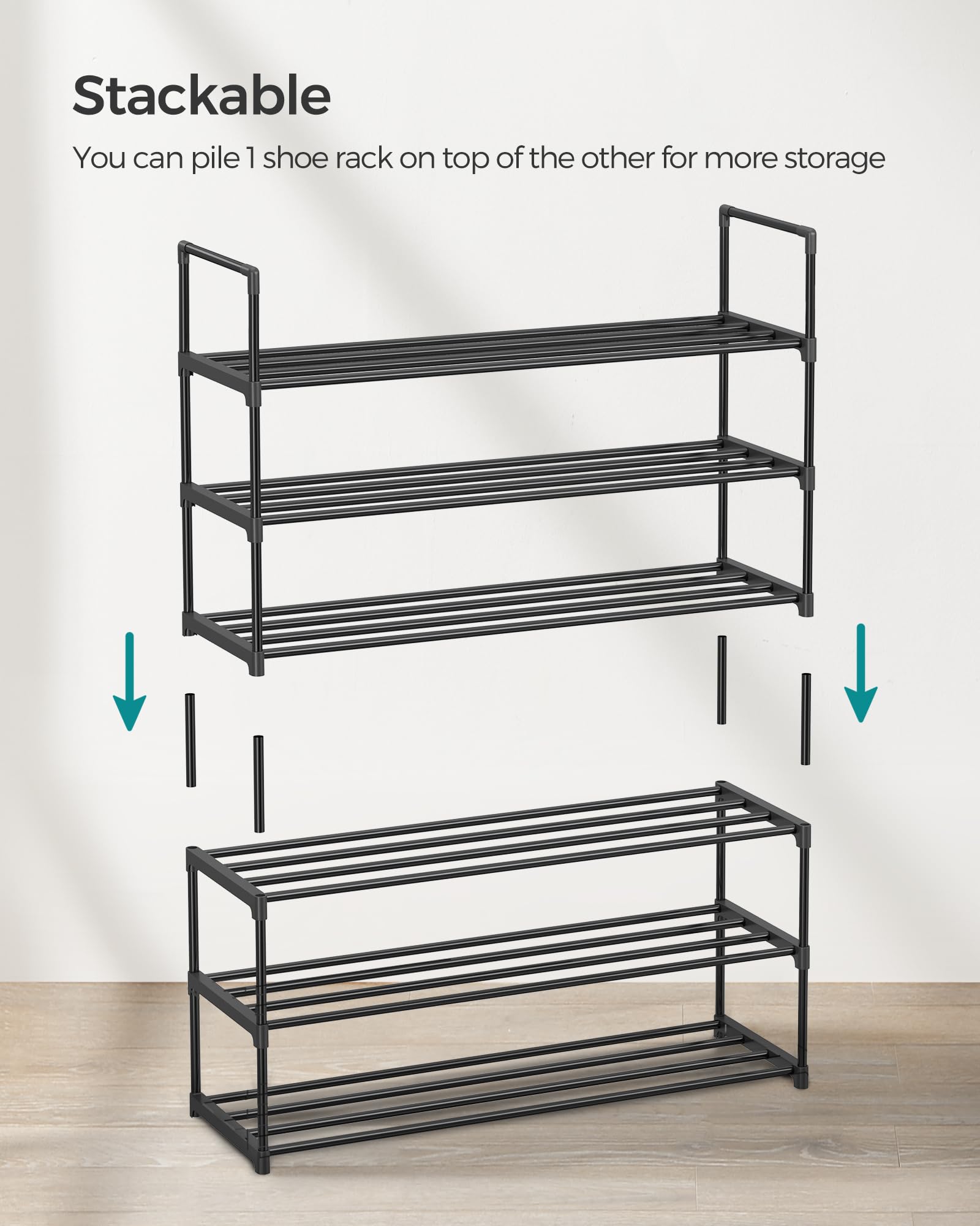 SONGMICS 3-Tier Shoe Rack, Shoe Storage Organiser, Metal Storage Rack, Upright or Upside Down, Fits 16 to 20 Pairs, Stackable, for Hallway, 30 x 92 x 55 cm, Black LSA303B02 — view 7