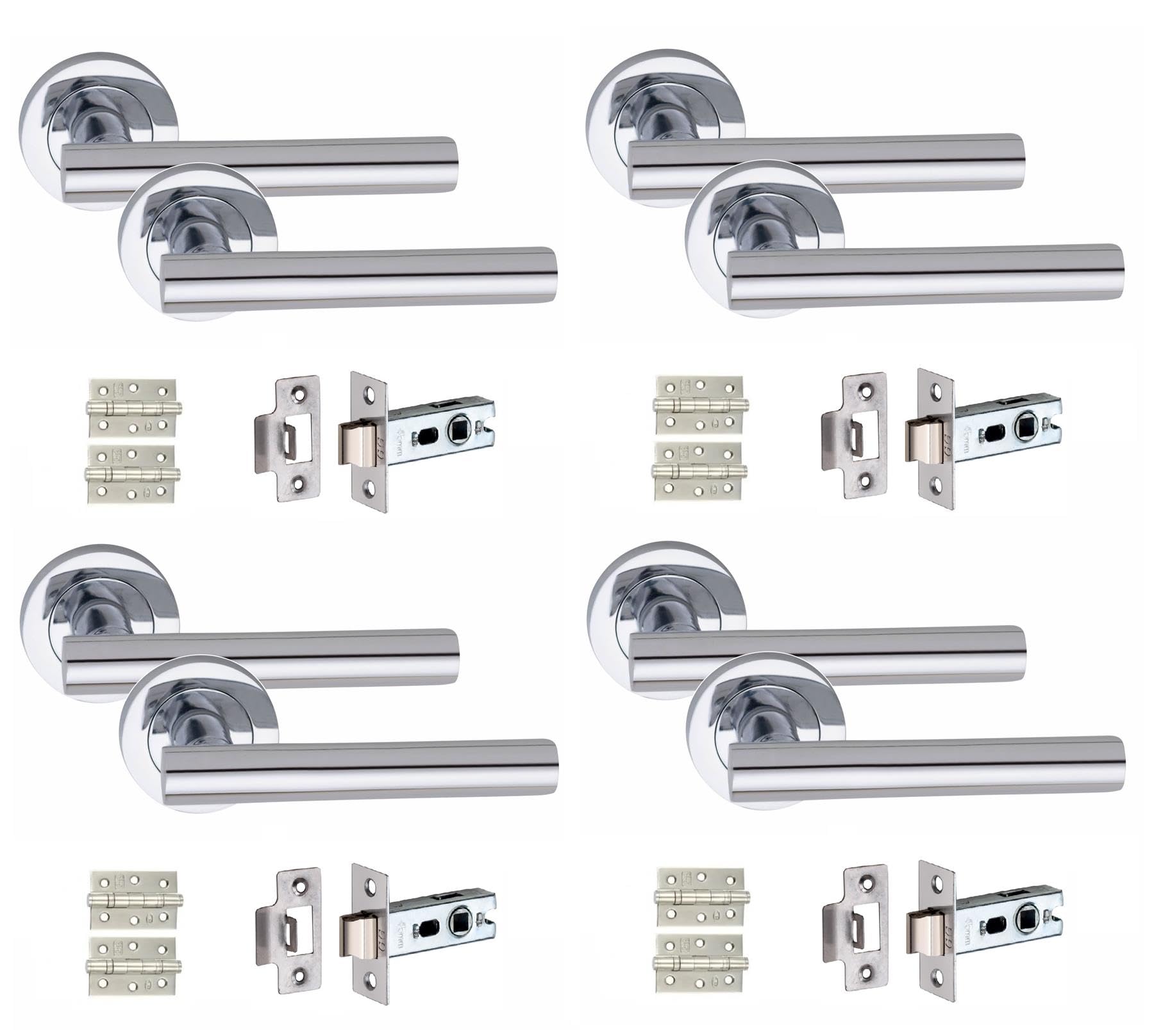 Golden Grace 4 Set Straight T-Bar Design Door Handles with Tubular Latch and 1 Pair of 3" Ball Bearing Hinges Polished Chrome Finish