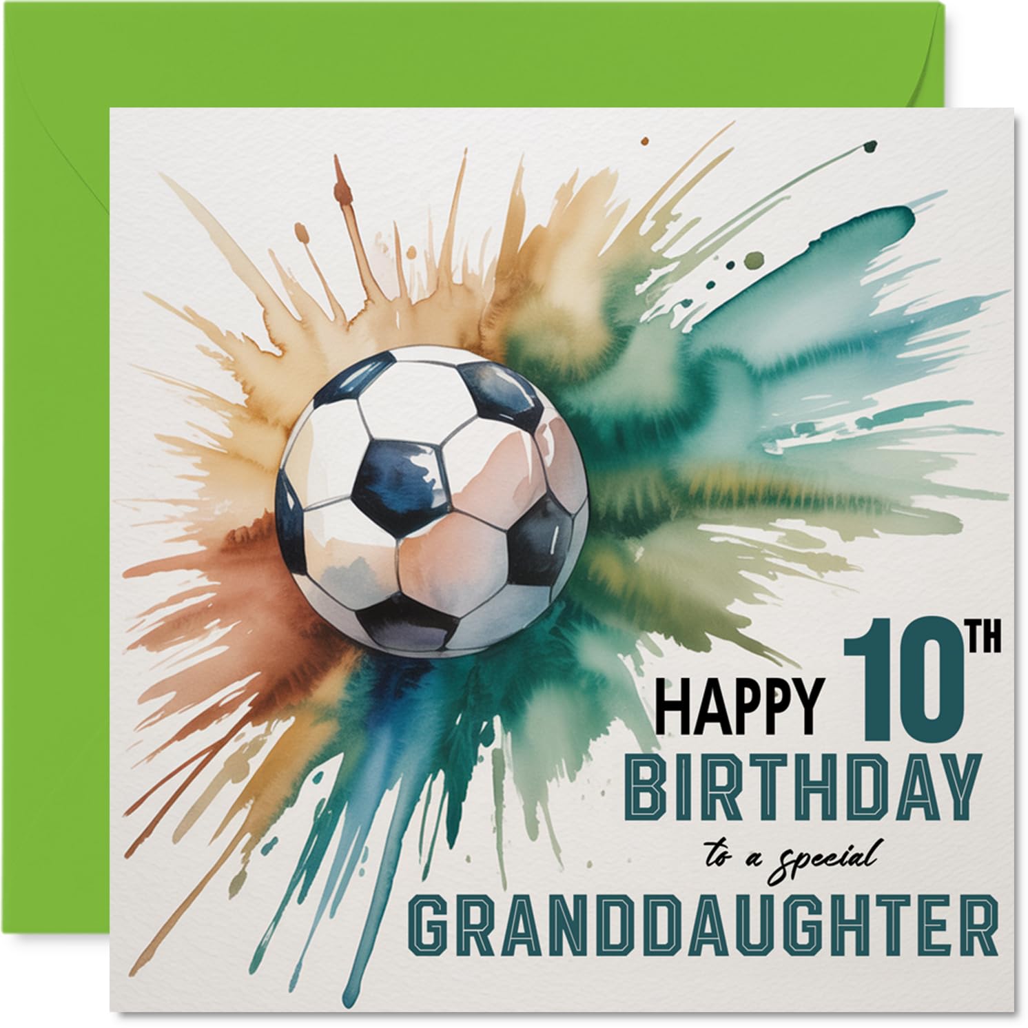 10th Birthday Cards for Granddaughter - Watercolour Football Splash - Happy Birthday Card for 10 Year Old Granddaughter from Grandad Grandma, 145mm Bday Greeting Cards