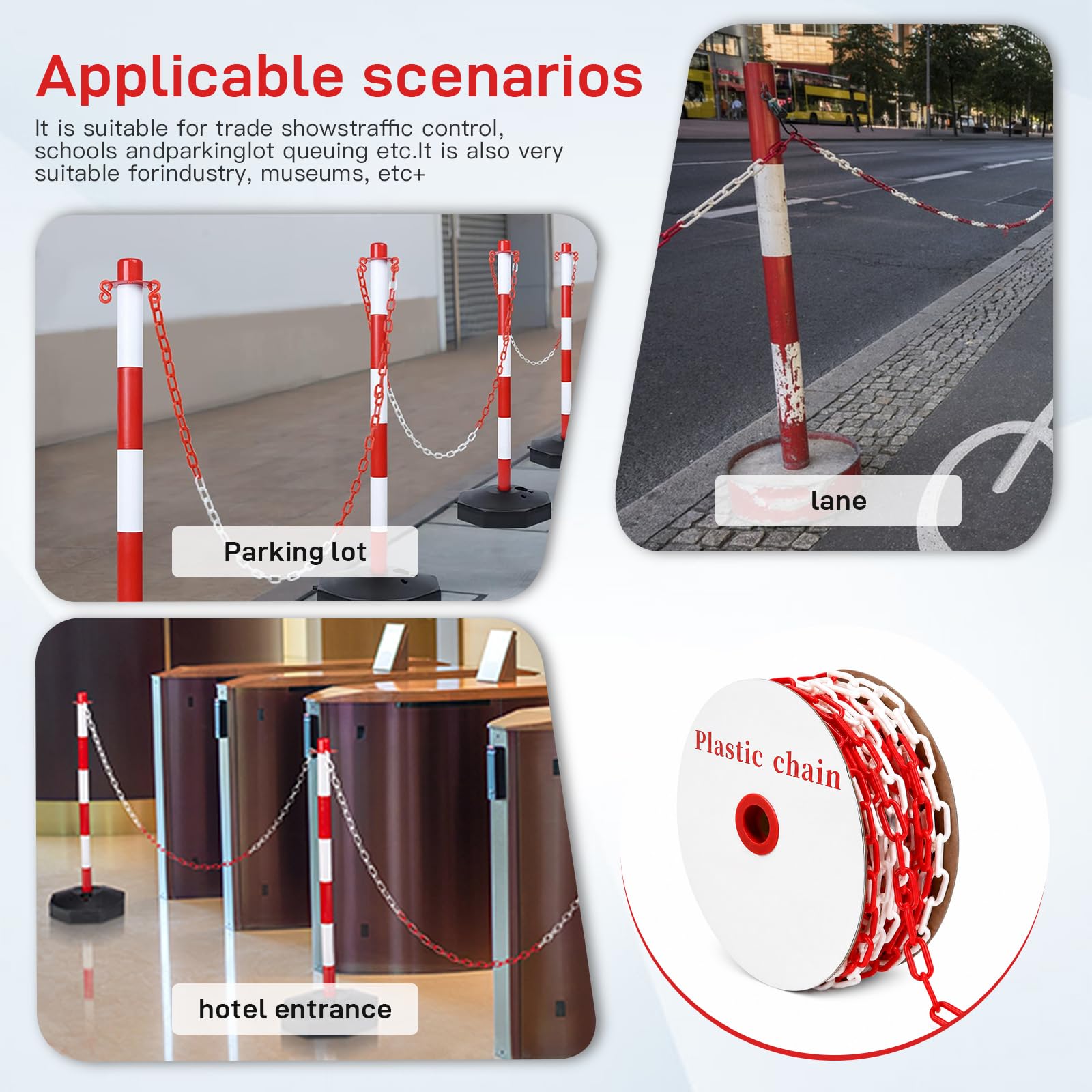 Chaîne de sécurité en plastique rouge et blanc, 50 m, chaîne d'avertissement de 6 mm | Chaîne en plastique avec crochet en S rouge et blanc pour chantier, parking et entretien des commandes