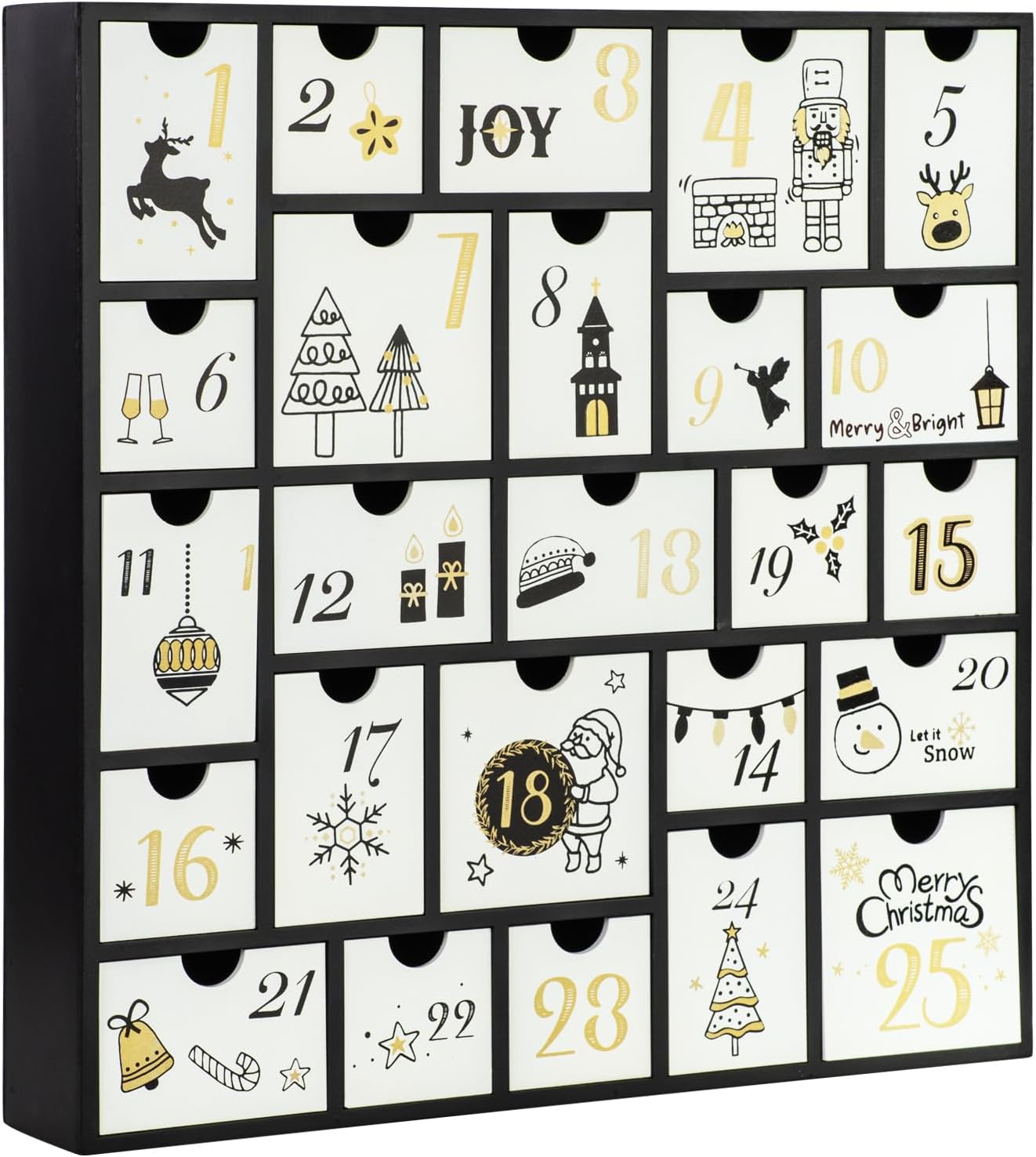 GUOER 2025 Wooden Advent Calendar, 13 Inch Christmas Advent Calendar with 25 Large Drawers, Christmas Countdown Calendar, Premium Wood Hand Painted Refillable Advent Cute Holiday Decoration (Black)
