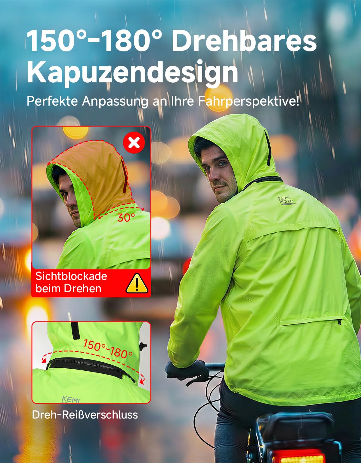 KEMIMOTO Fahrrad Regenjacke Herren, 10.000mm Wasserdicht & 8.000g Atmungsaktiv, Radjacke mit Patentierter 180° Rotations-Kapuze, Doppelter Windleiste, Packbare Regenbekleidung für MTB Rennrad Pendeln
